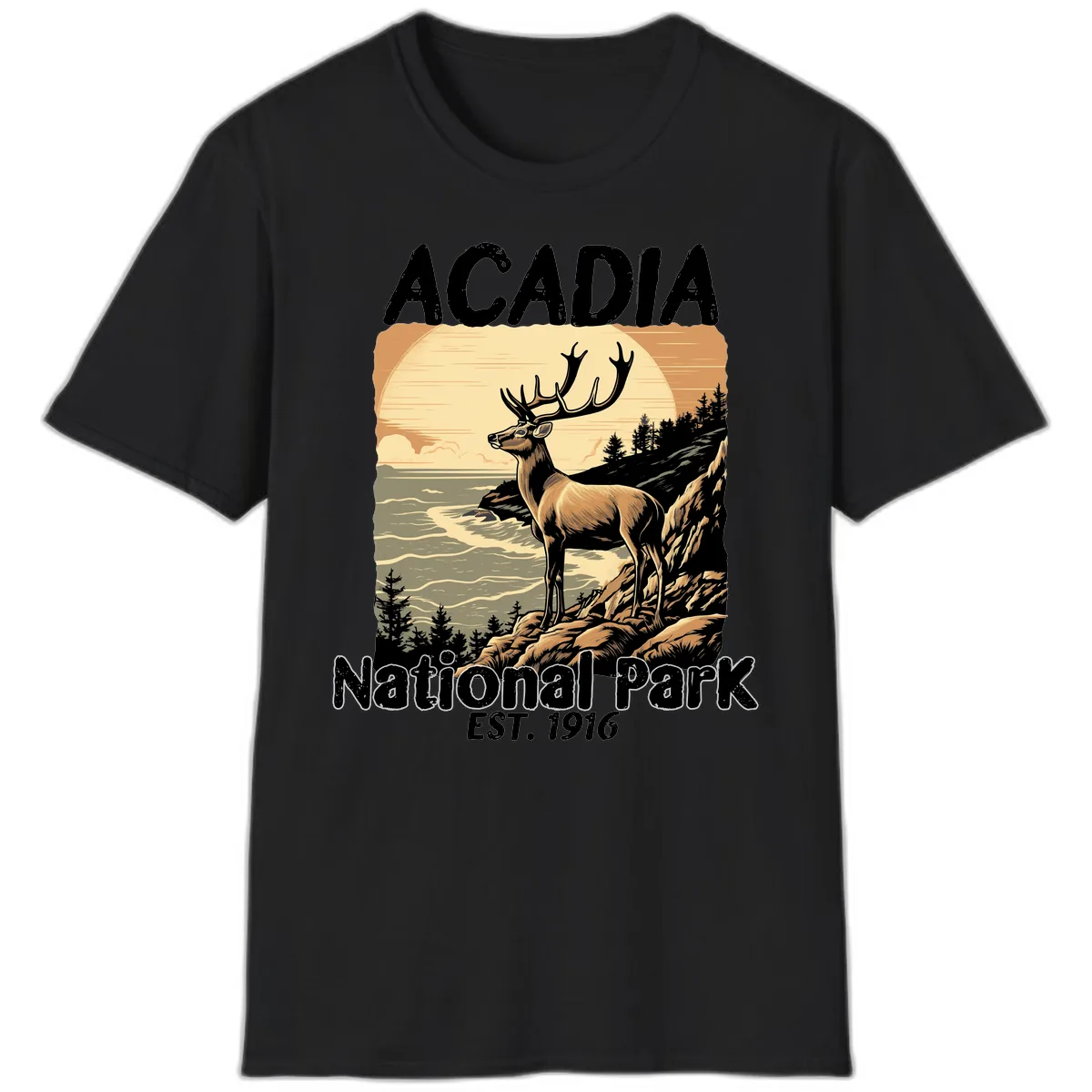 Acadia National Park Deer Scenic T-Shirt in Black