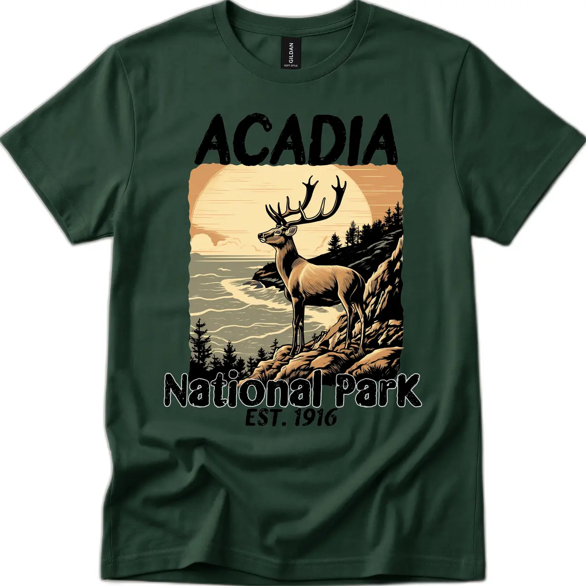 Acadia National Park Deer Scenic T-Shirt in Forest Green