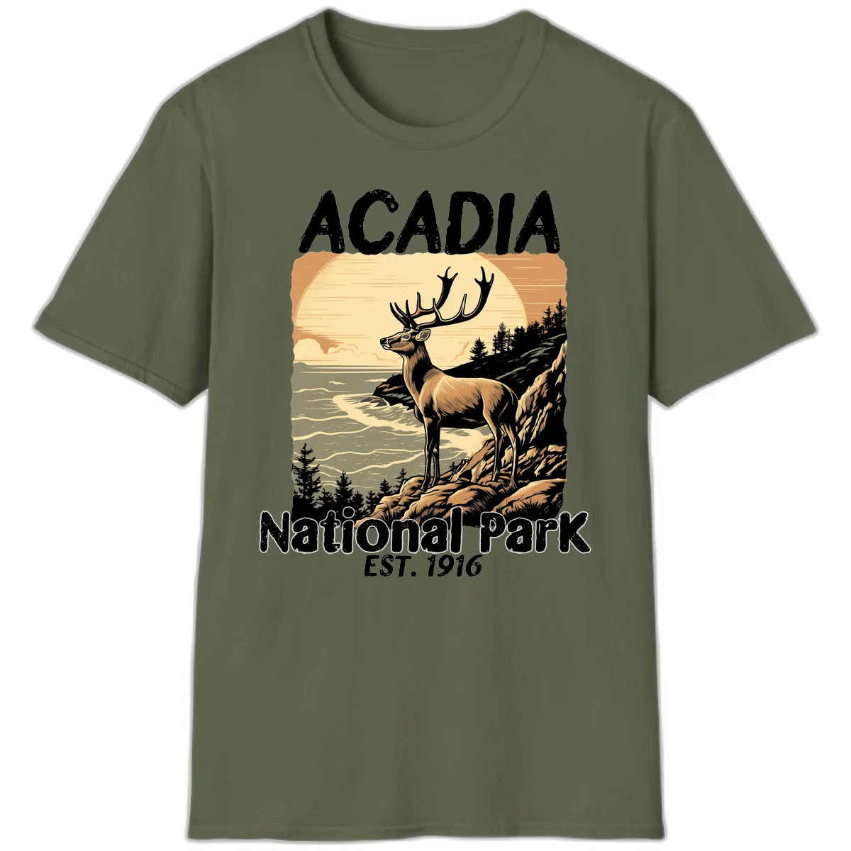 Acadia National Park Deer Scenic T-Shirt in Military Green