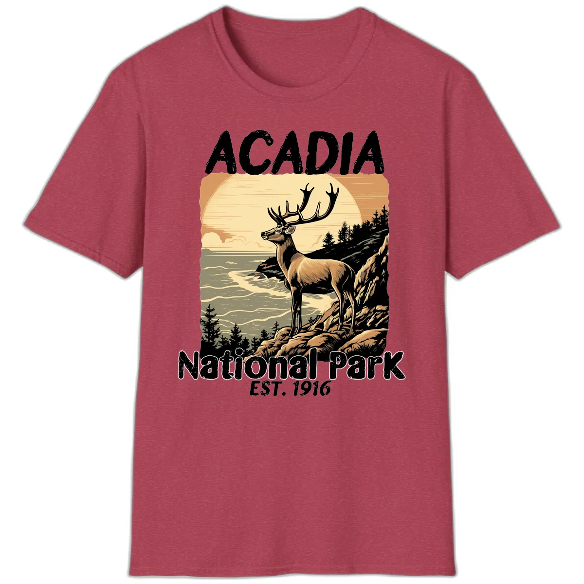Acadia National Park Deer Scenic T-Shirt in Heather Cardinal