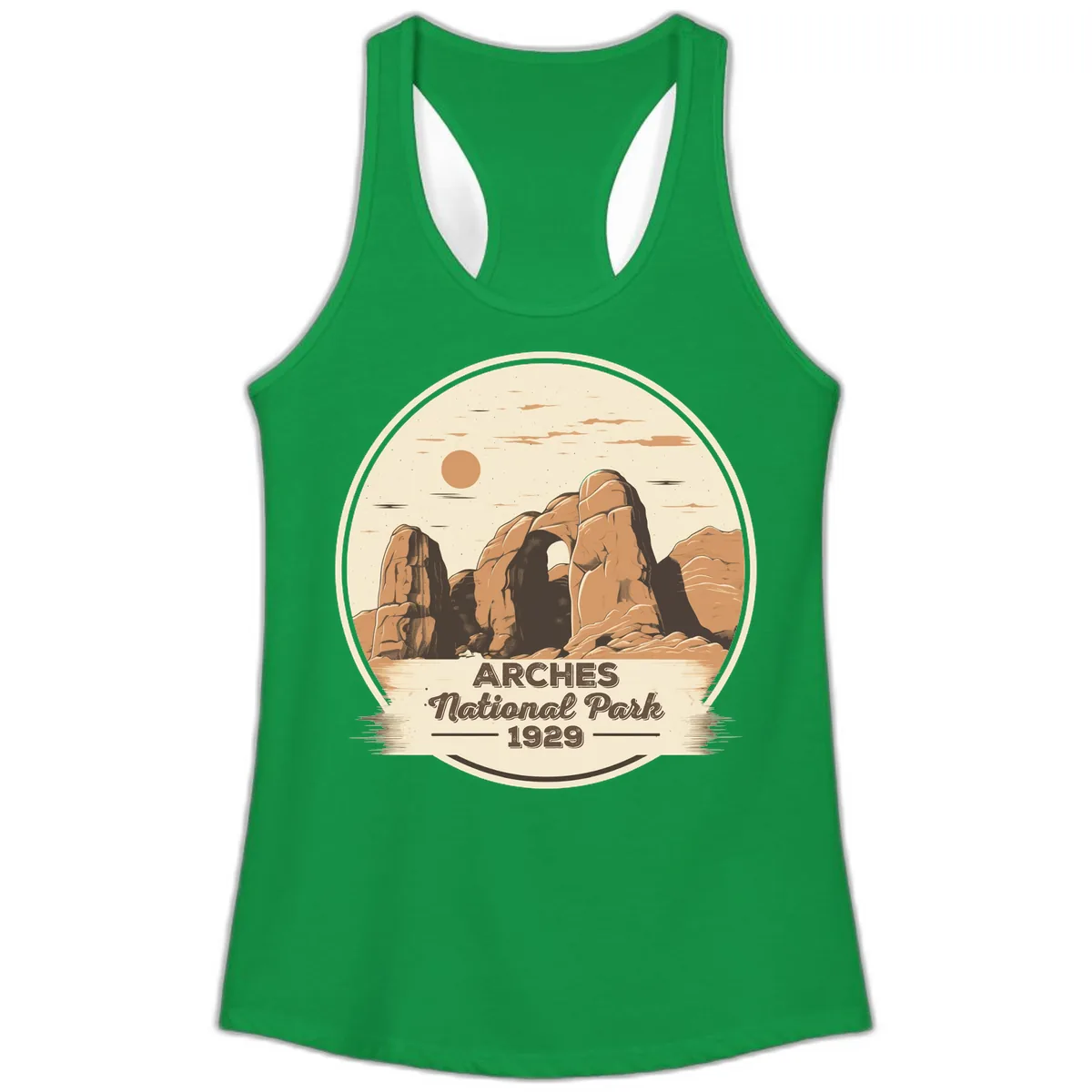 Arches National Park 1929 Badge Ladies Tank in Solid Kelly Green