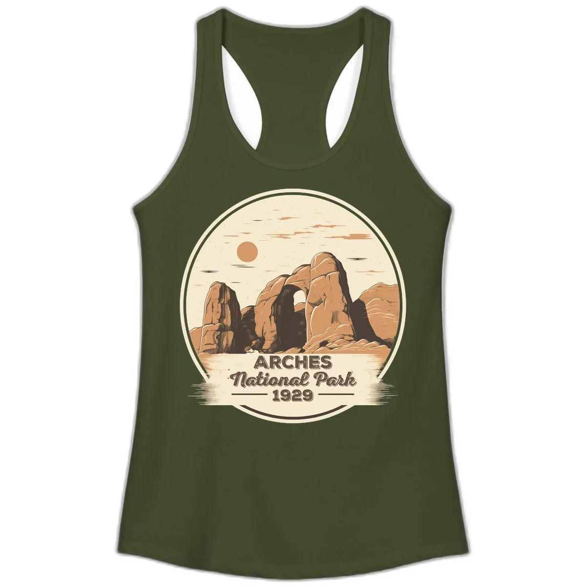 Arches National Park 1929 Badge Ladies Tank in Solid Military Green