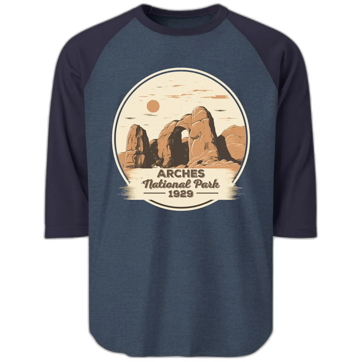 Arches National Park 1929 Badge Raglan 3/4 in Heather Denim Navy