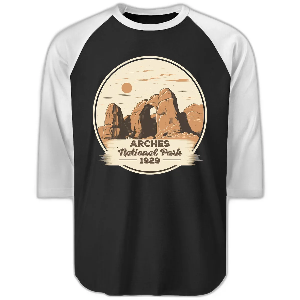 Arches National Park 1929 Badge Raglan 3/4 in Black White