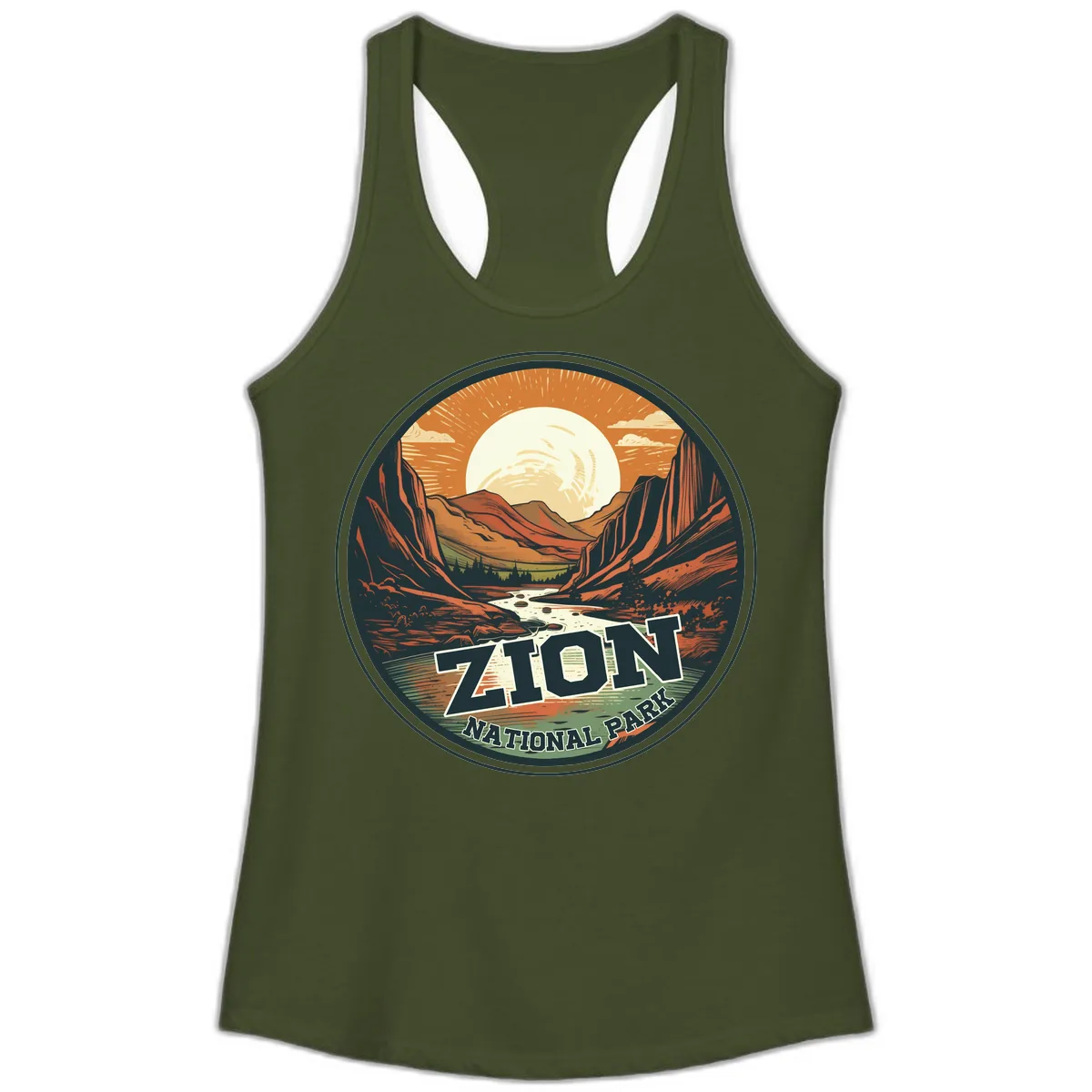 Zion National Park Canyon Moonrise Ladies Tank in Solid Military Green