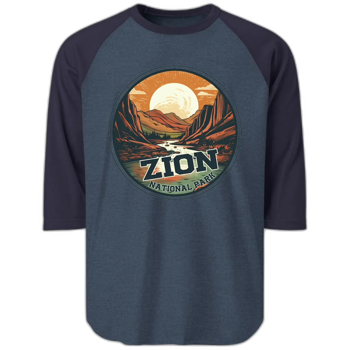 Zion National Park Canyon Moonrise Raglan 3/4 in Heather Denim Navy