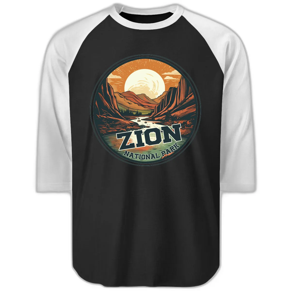 Zion National Park Canyon Moonrise Raglan 3/4 in Black White