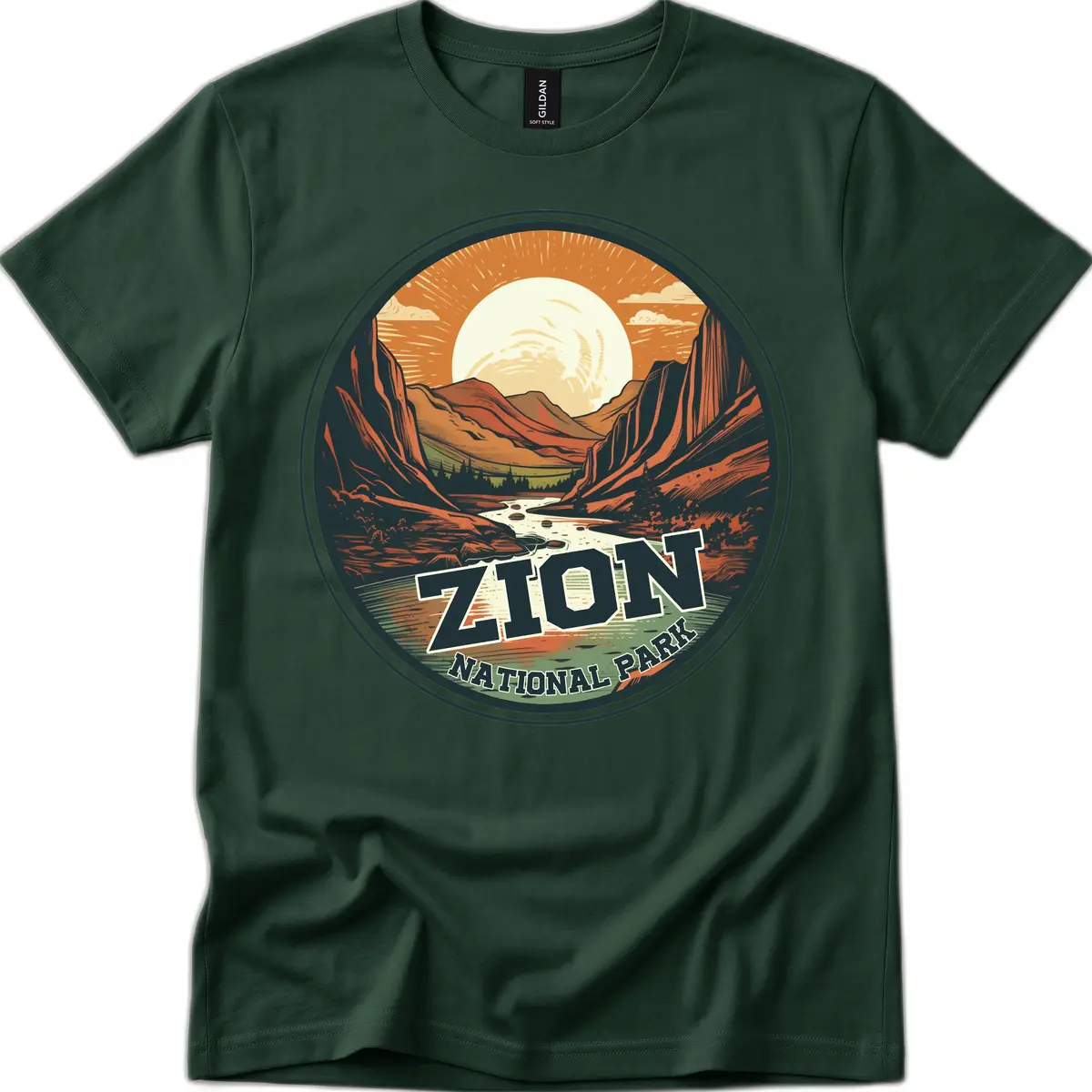 Zion National Park Canyon Moonrise T-Shirt in Forest Green