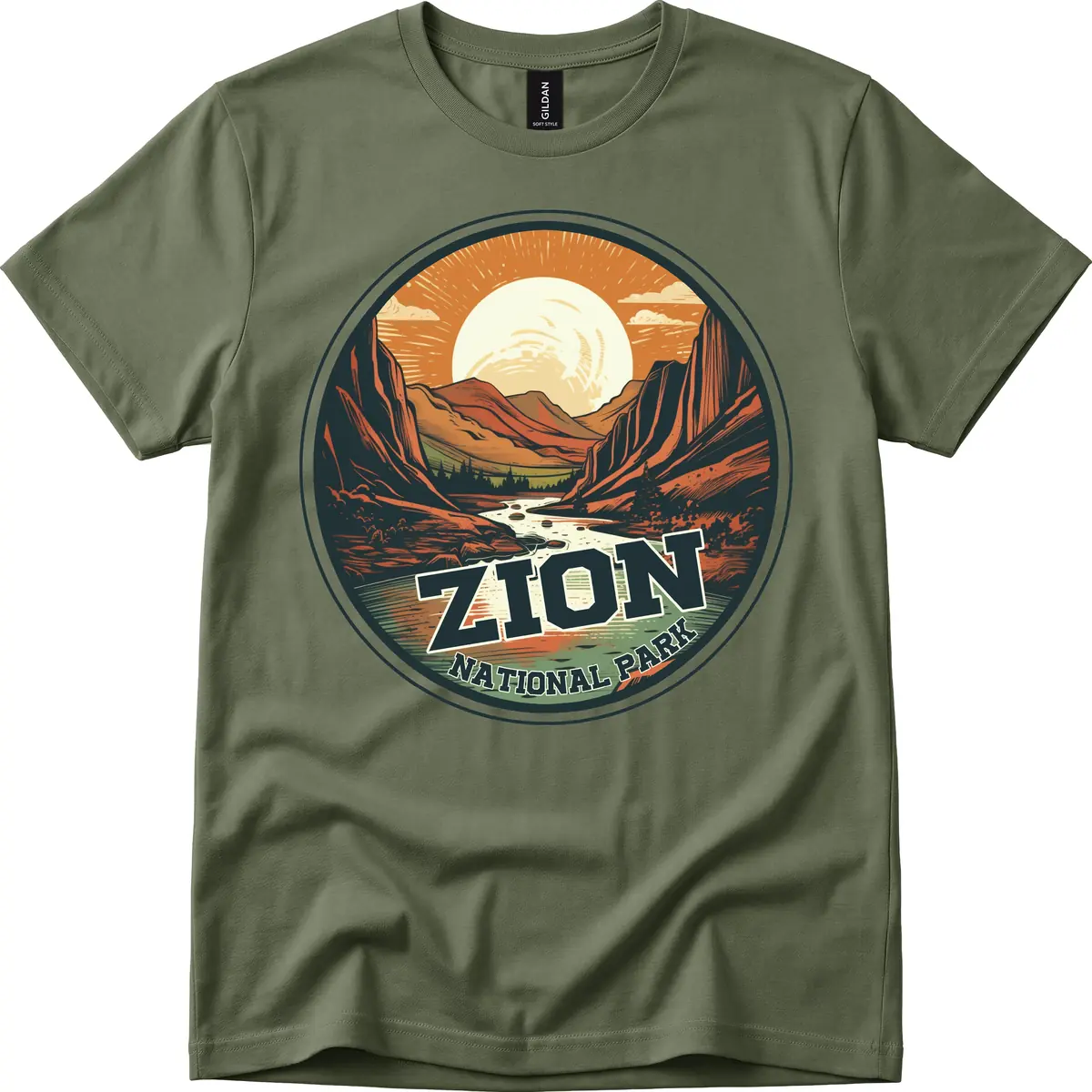 Zion National Park Canyon Moonrise T-Shirt in Military Green