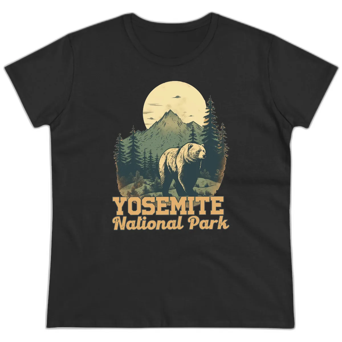 Yosemite Bear Mountain Moon Ladies Tee in Black