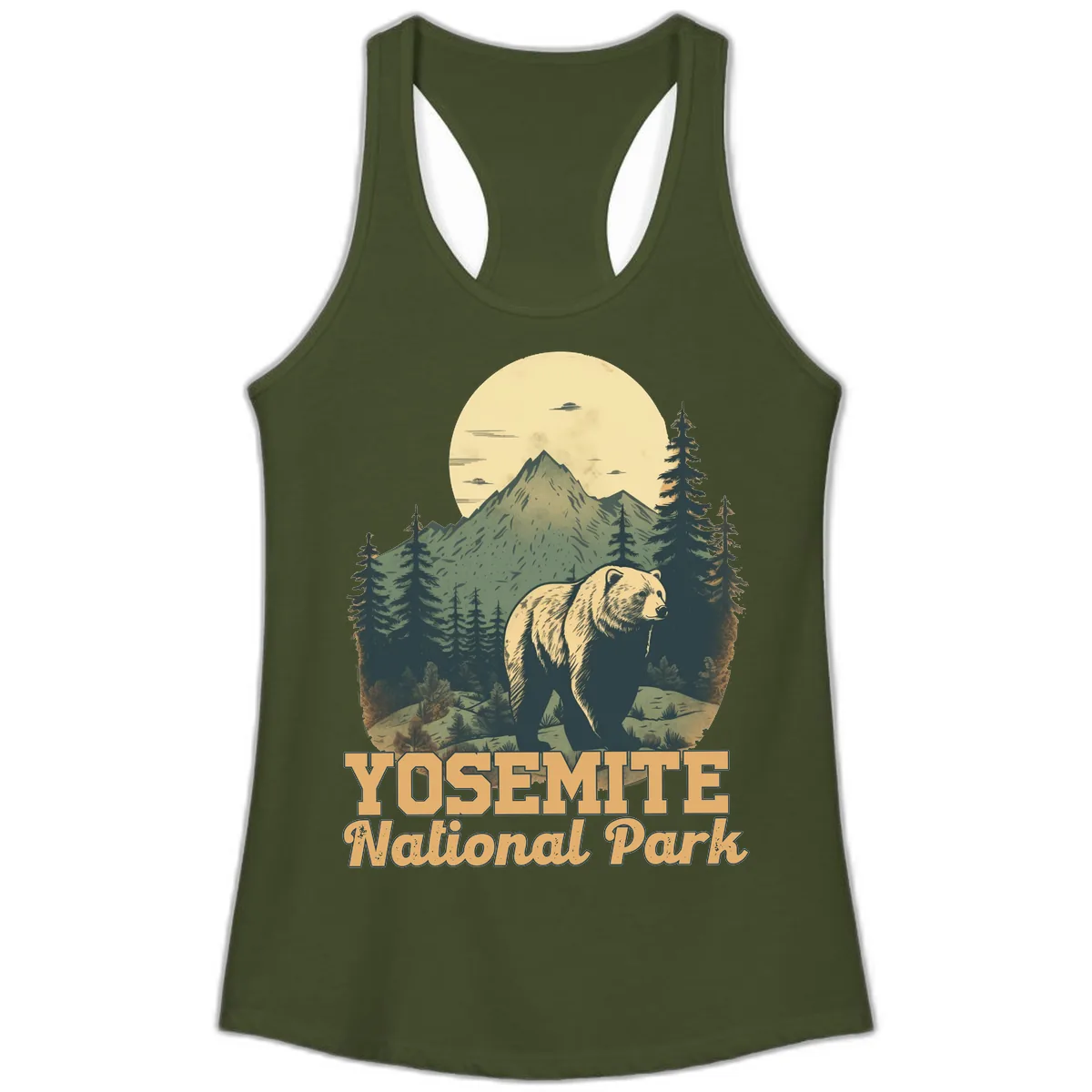Yosemite Bear Mountain Moon Ladies Tank in Solid Military Green