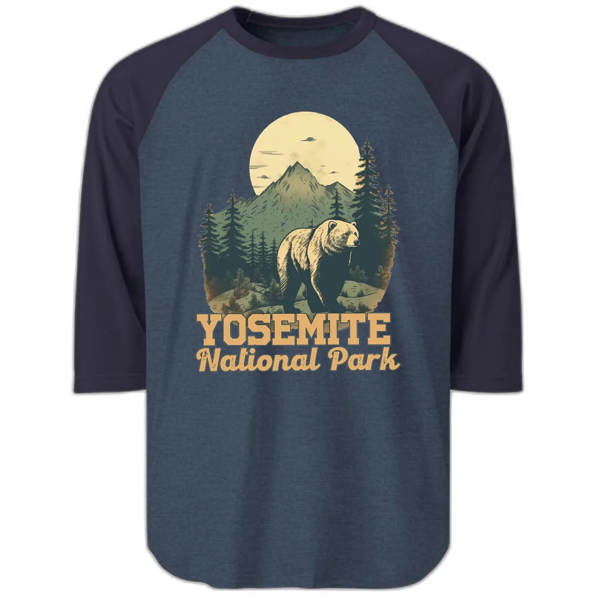 Yosemite Bear Mountain Moon Raglan 3/4 in Heather Denim Navy