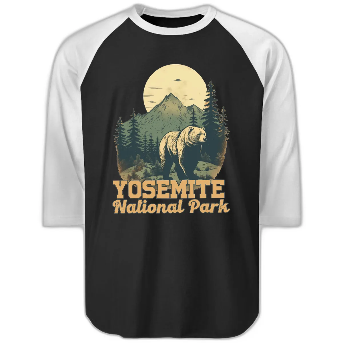 Yosemite Bear Mountain Moon Raglan 3/4 in Black White