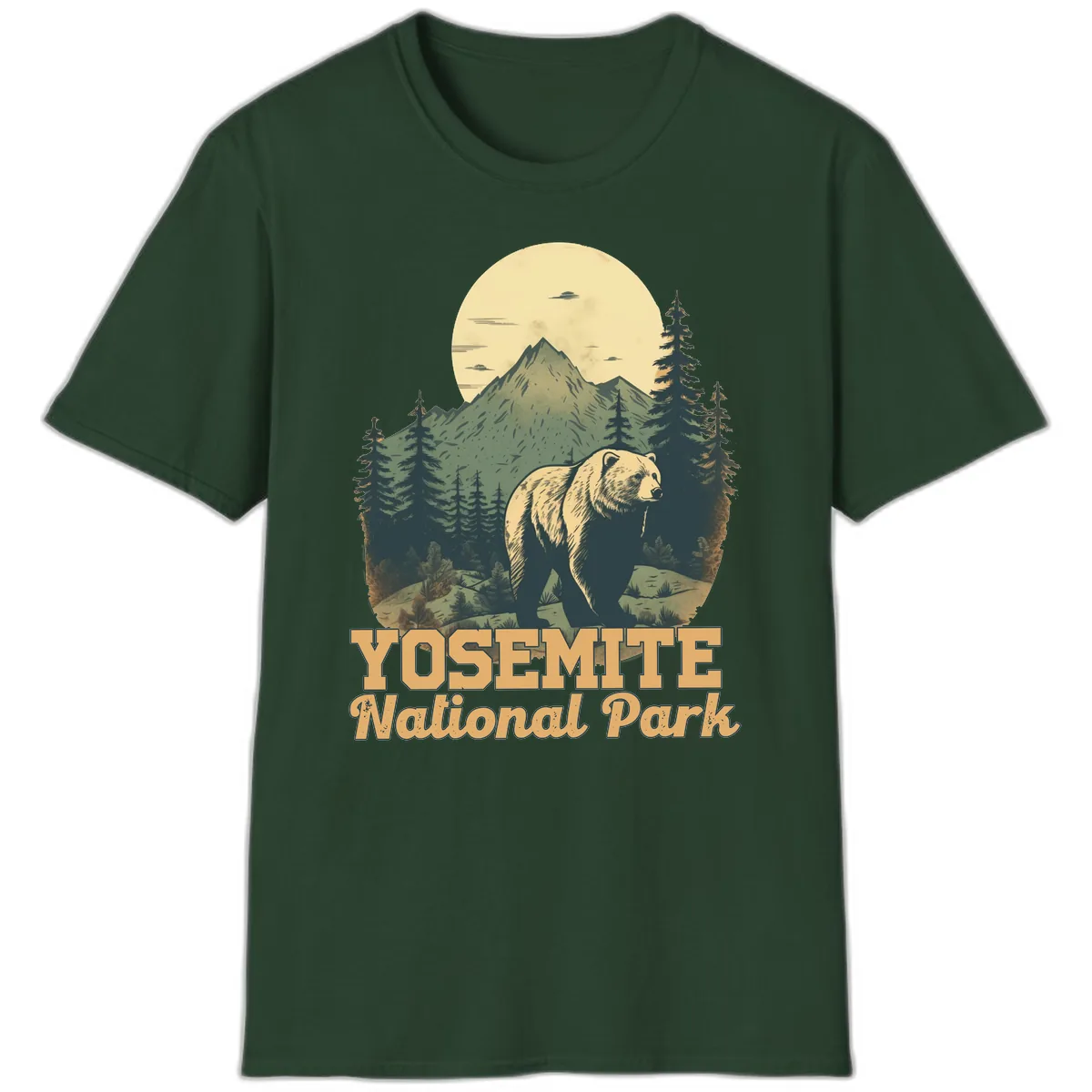 Yosemite Bear Mountain Moon T-Shirt in Forest Green