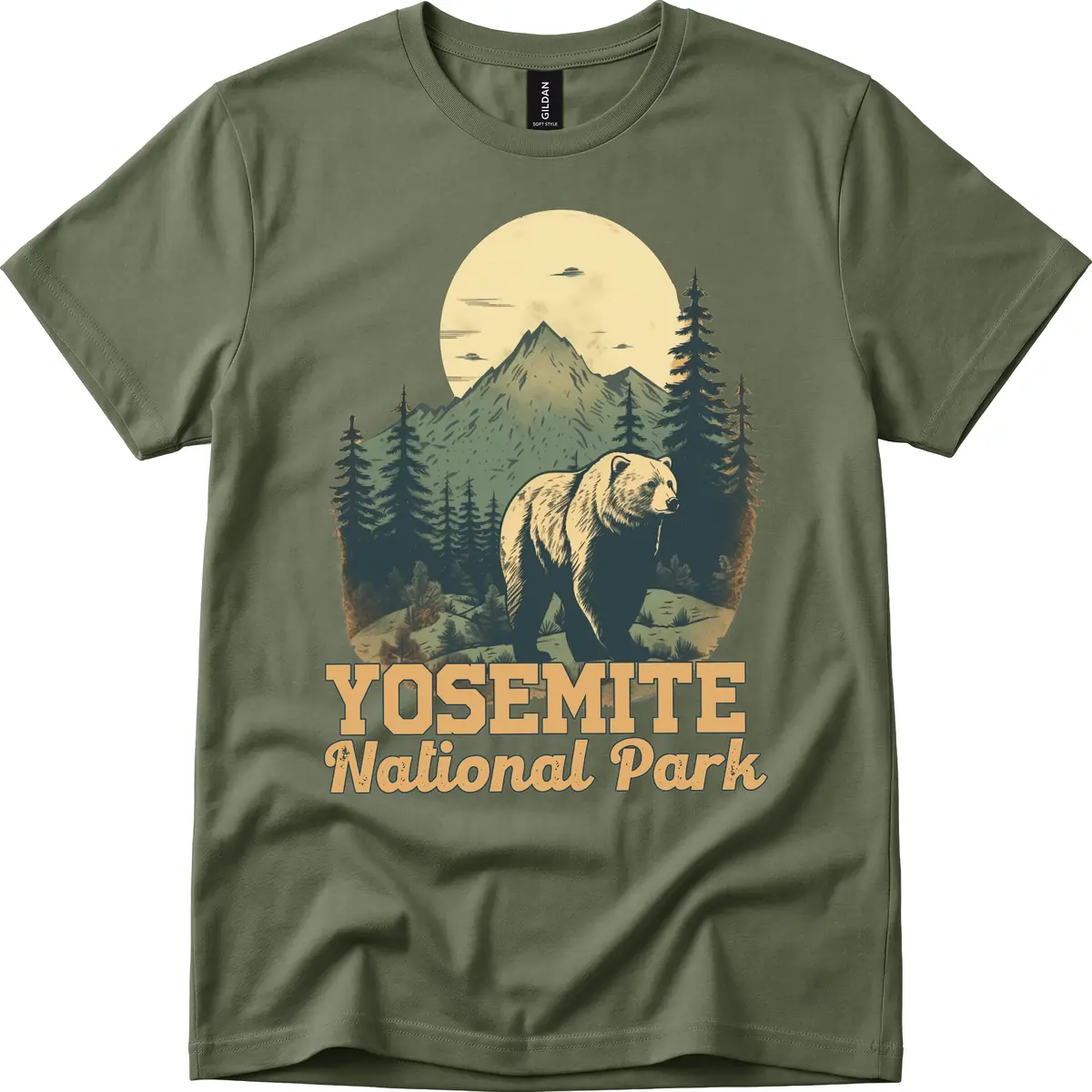 Yosemite Bear Mountain Moon T-Shirt in Military Green