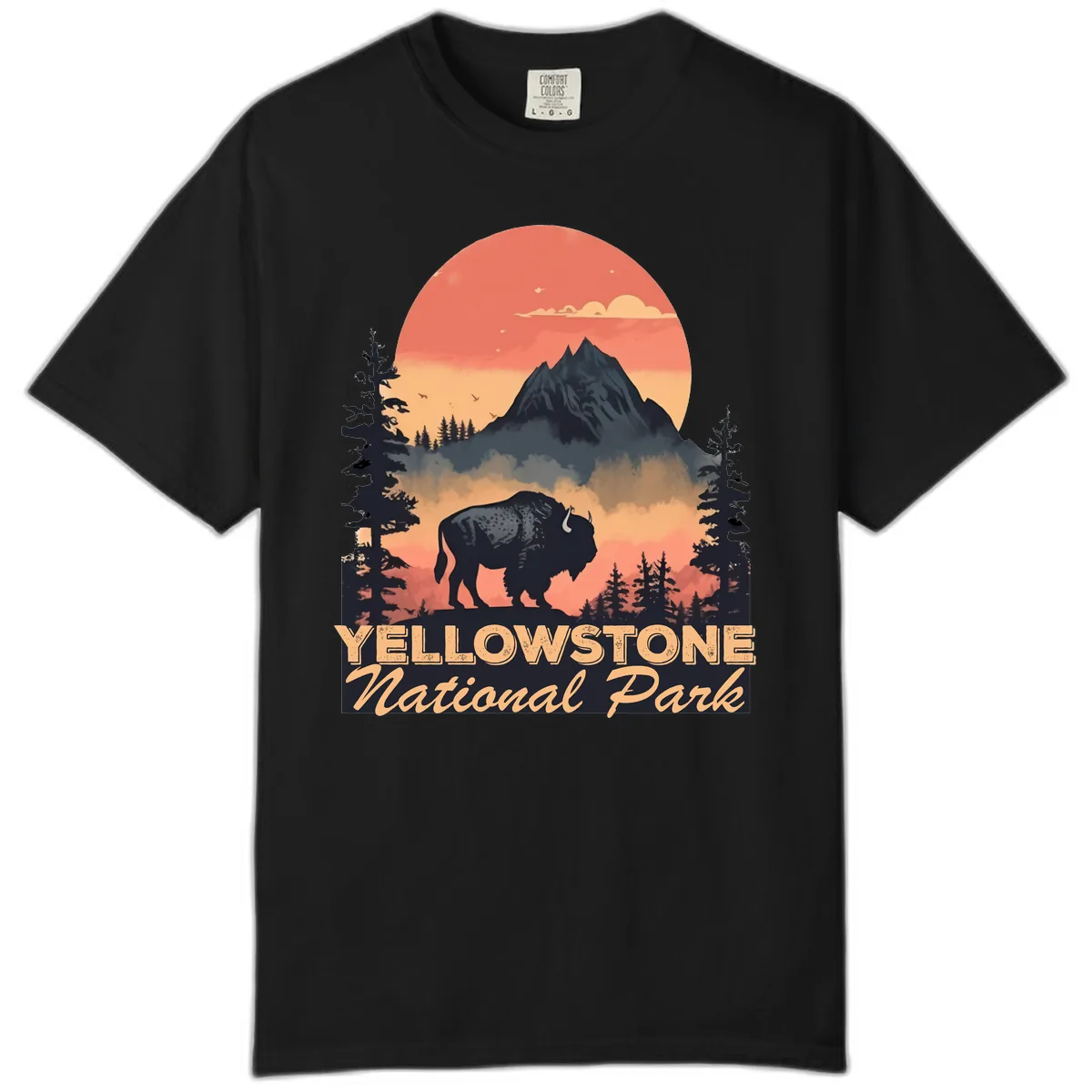 Yellowstone Bison Sunset Mountain Comfort Color in Black