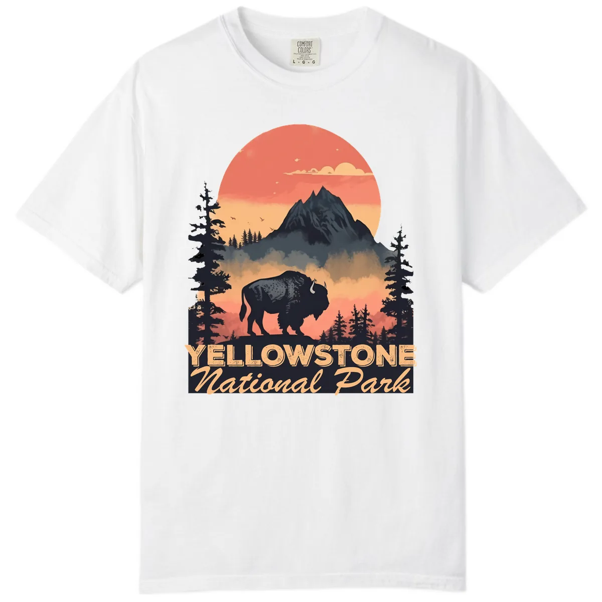 Yellowstone Bison Sunset Mountain Comfort Color in White