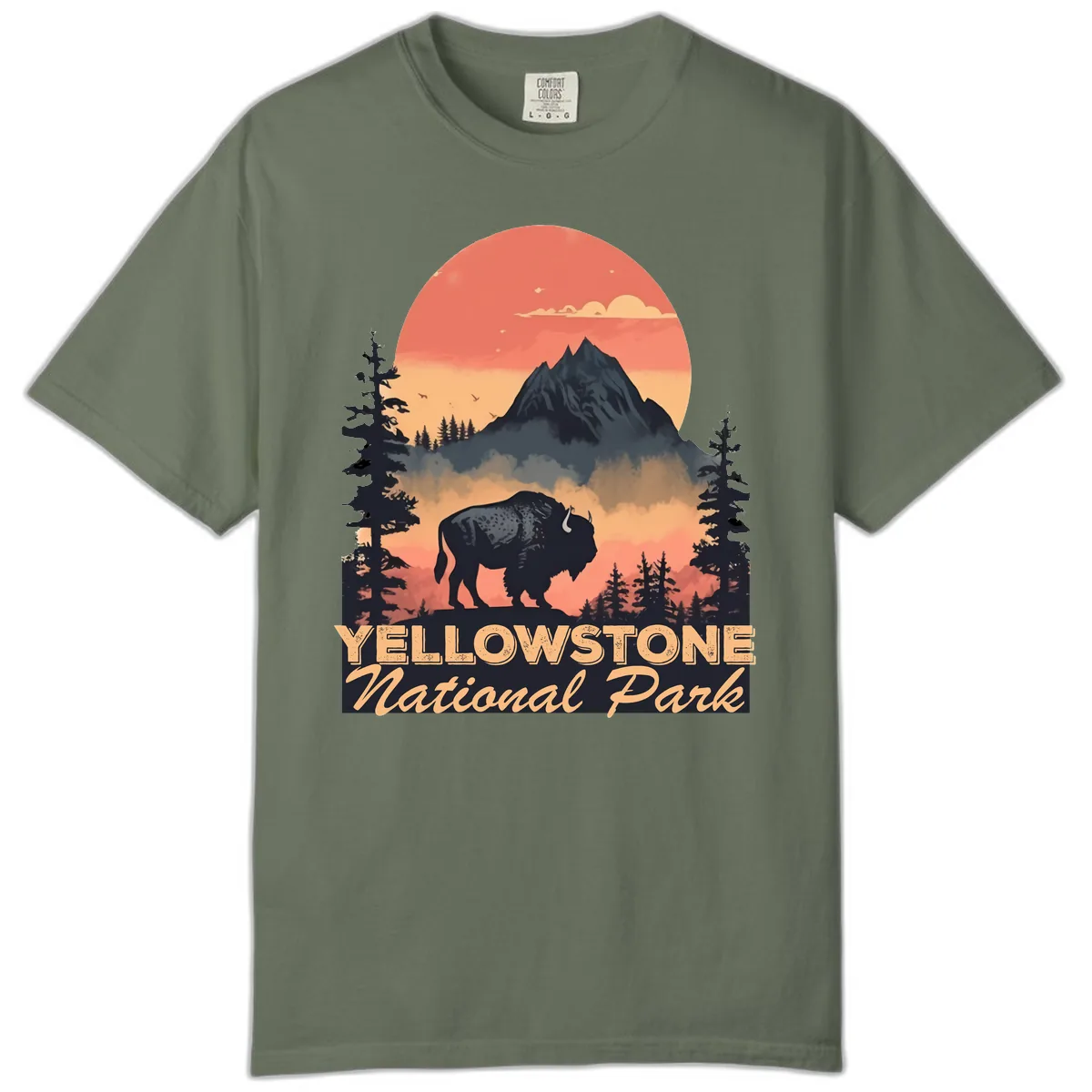 Yellowstone Bison Sunset Mountain Comfort Color in Moss