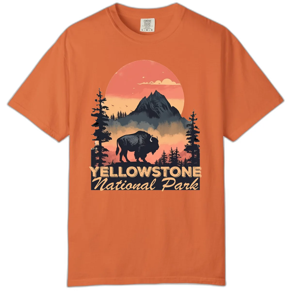 Yellowstone Bison Sunset Mountain Comfort Color in Burnt Orange