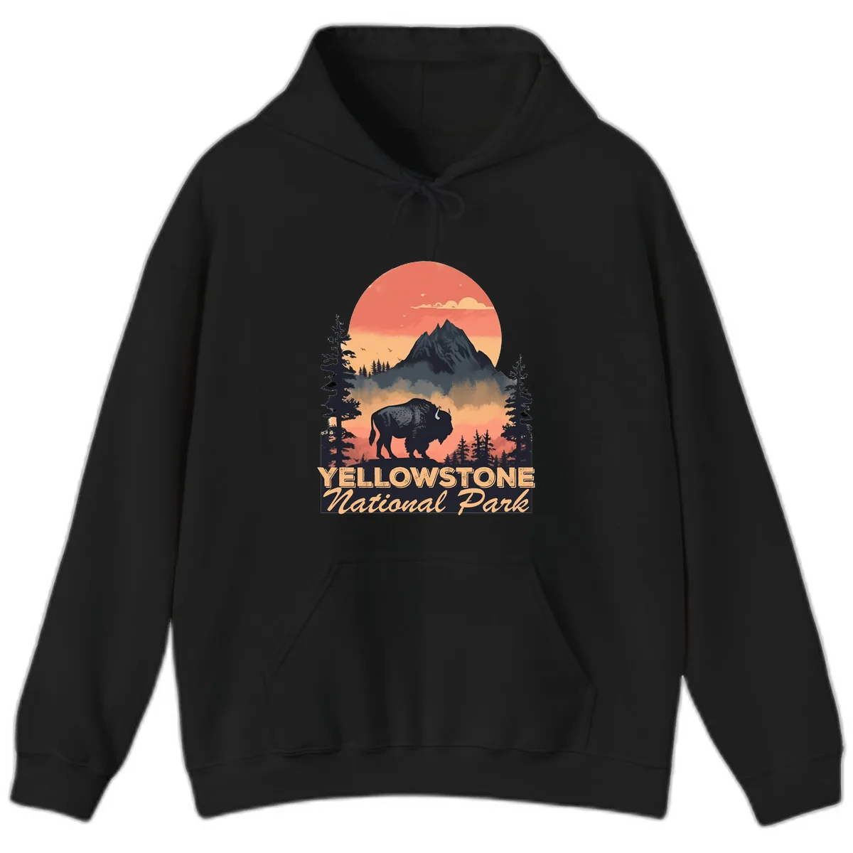 Yellowstone Bison Sunset Mountain Hoodie in Black