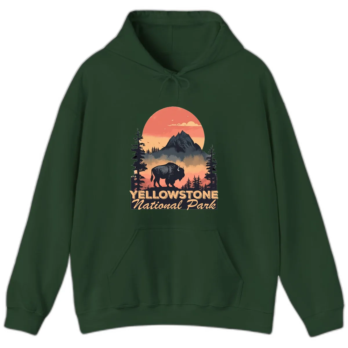 Yellowstone Bison Sunset Mountain Hoodie in Forest Green