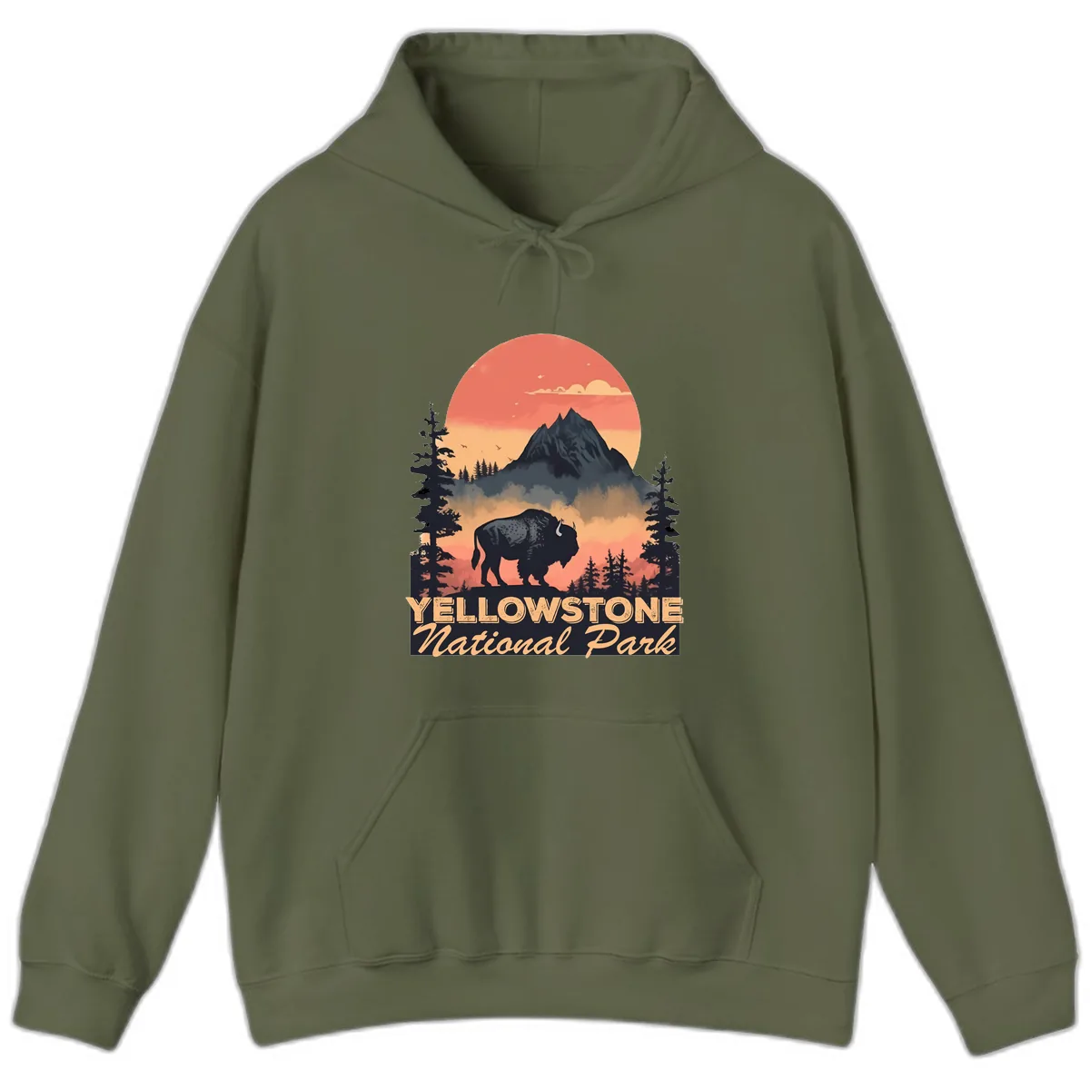 Yellowstone Bison Sunset Mountain Hoodie in Military Green