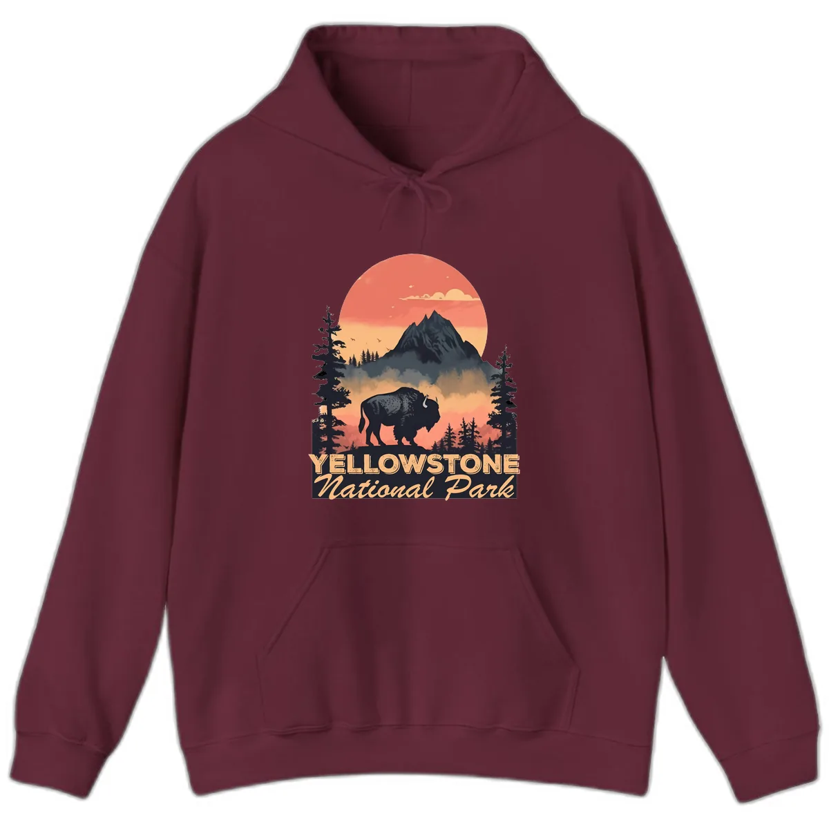 Yellowstone Bison Sunset Mountain Hoodie in Maroon