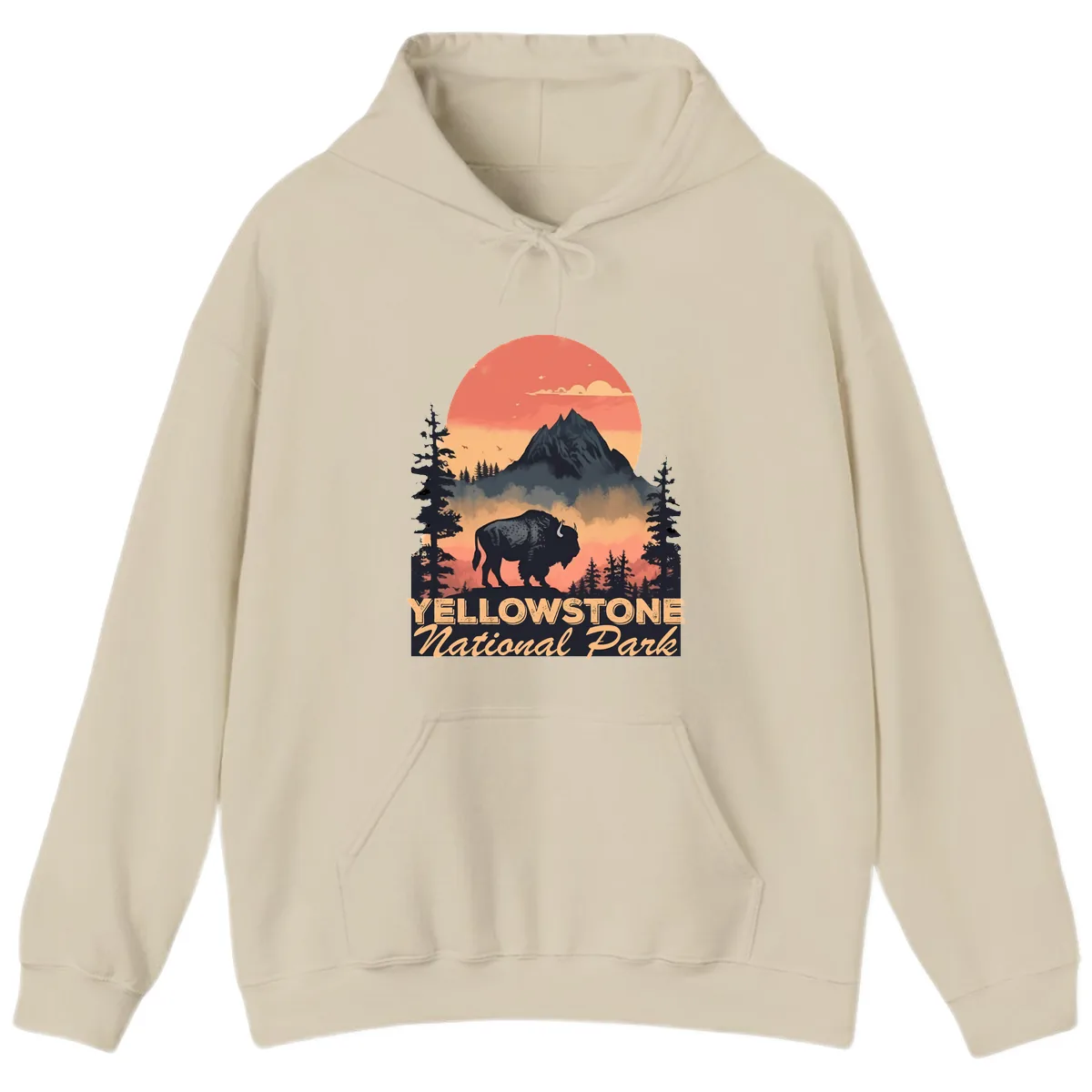 Yellowstone Bison Sunset Mountain Hoodie in Sand