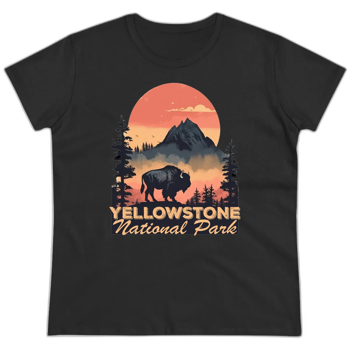 Yellowstone Bison Sunset Mountain Ladies Tee in Black