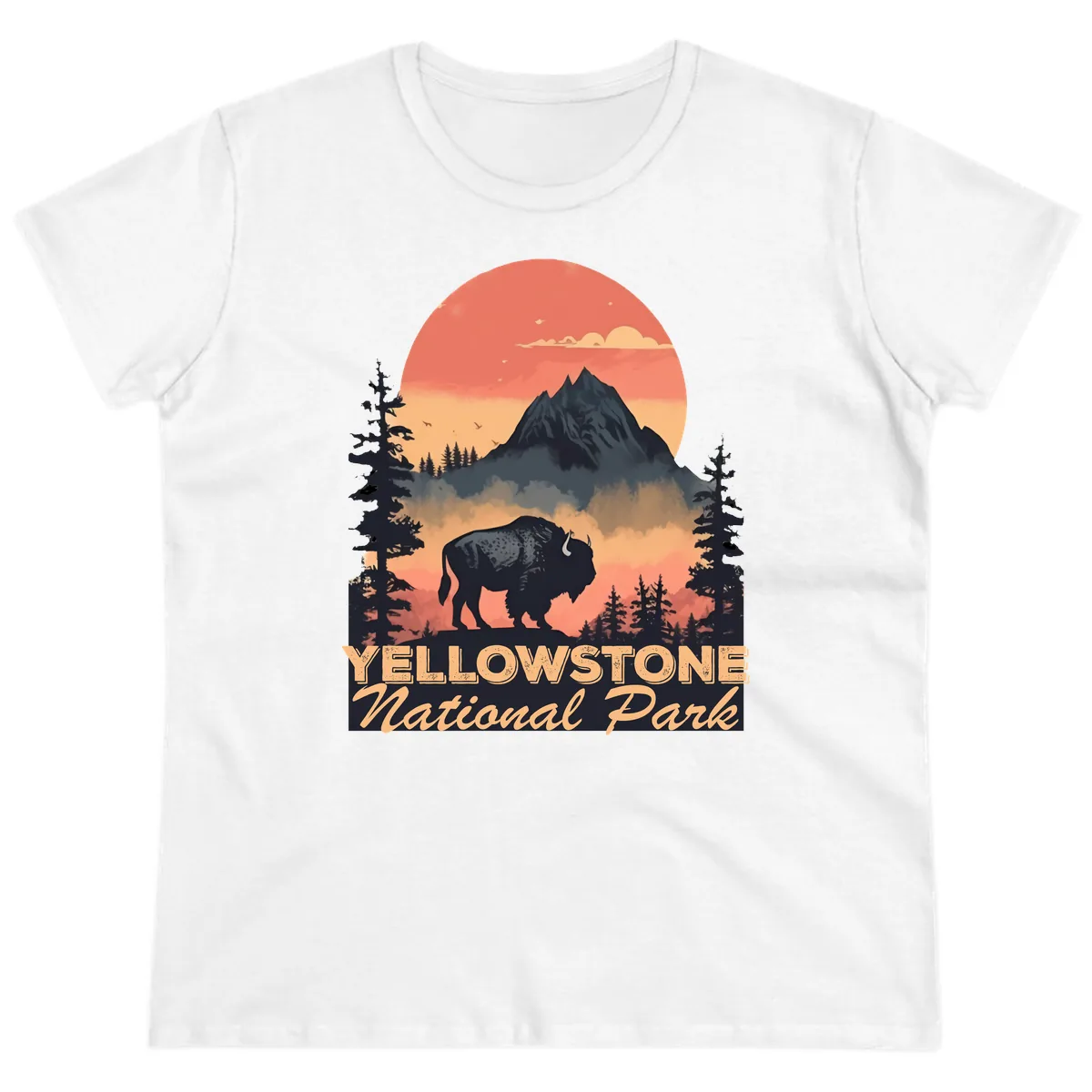 Yellowstone Bison Sunset Mountain Ladies Tee in White