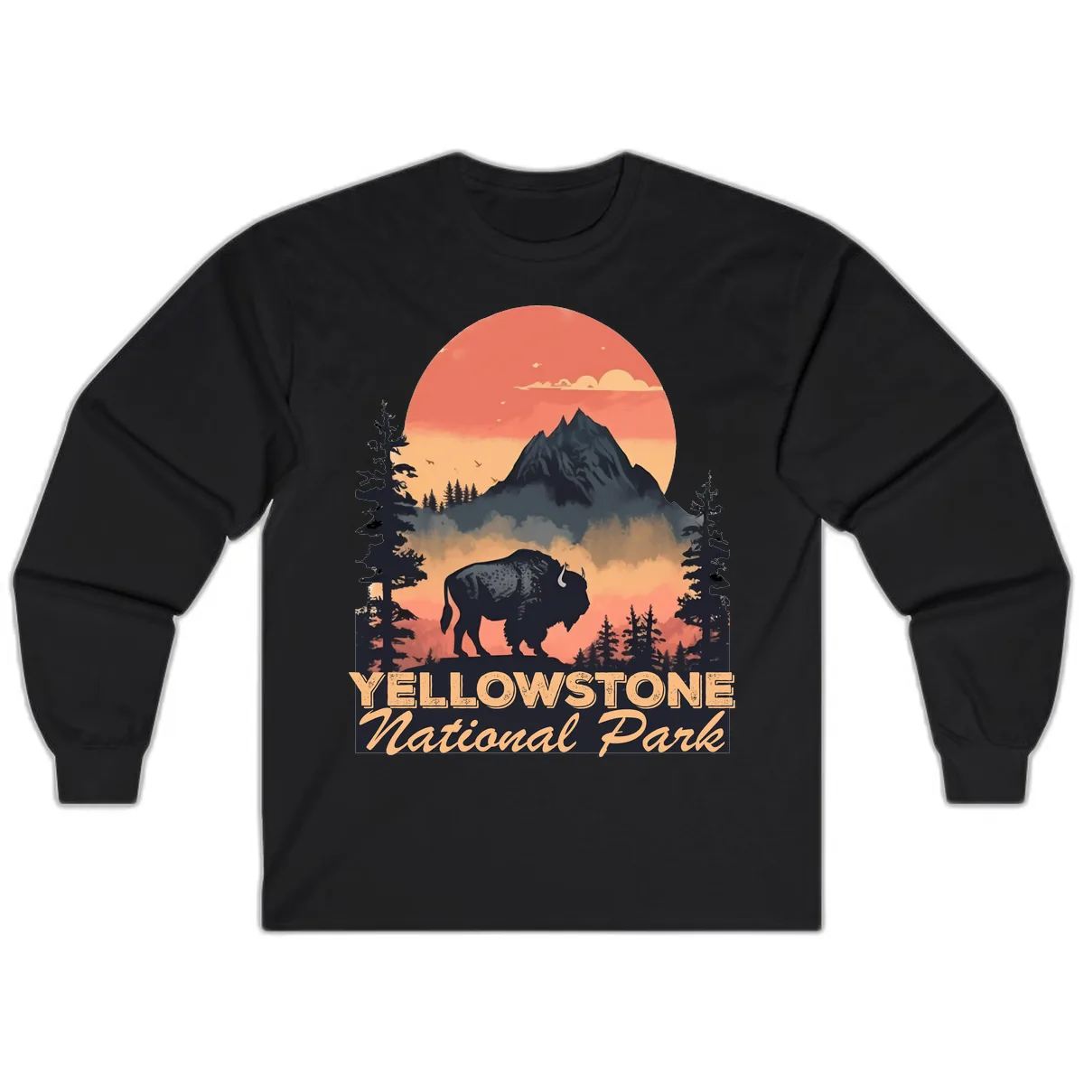 Yellowstone Bison Sunset Mountain Long Sleeve in Black