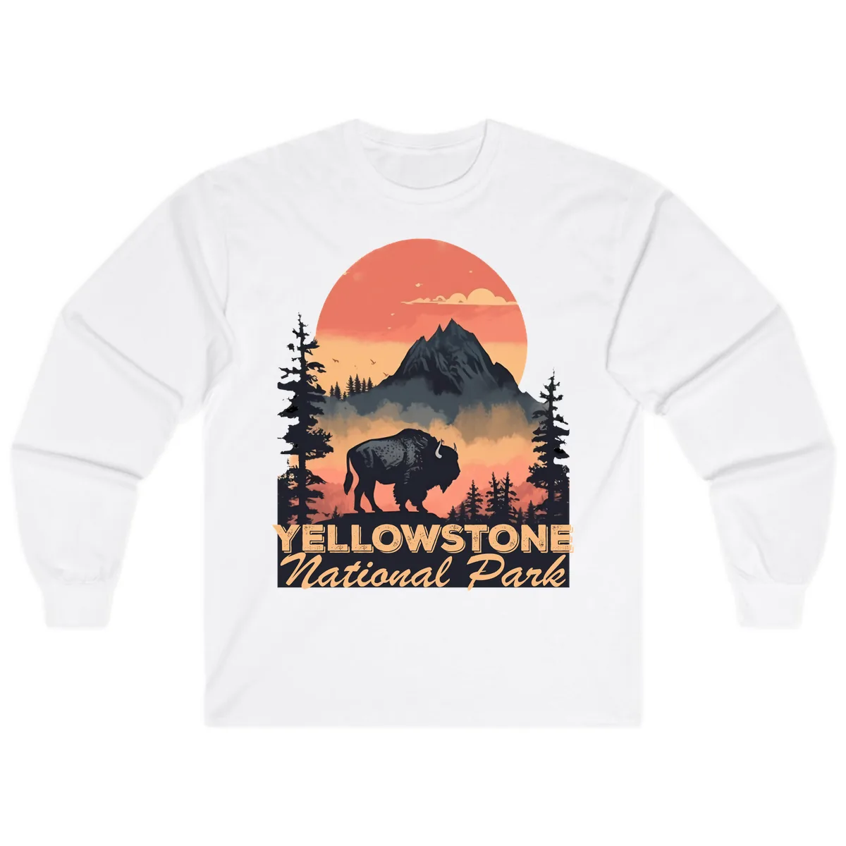 Yellowstone Bison Sunset Mountain Long Sleeve in White