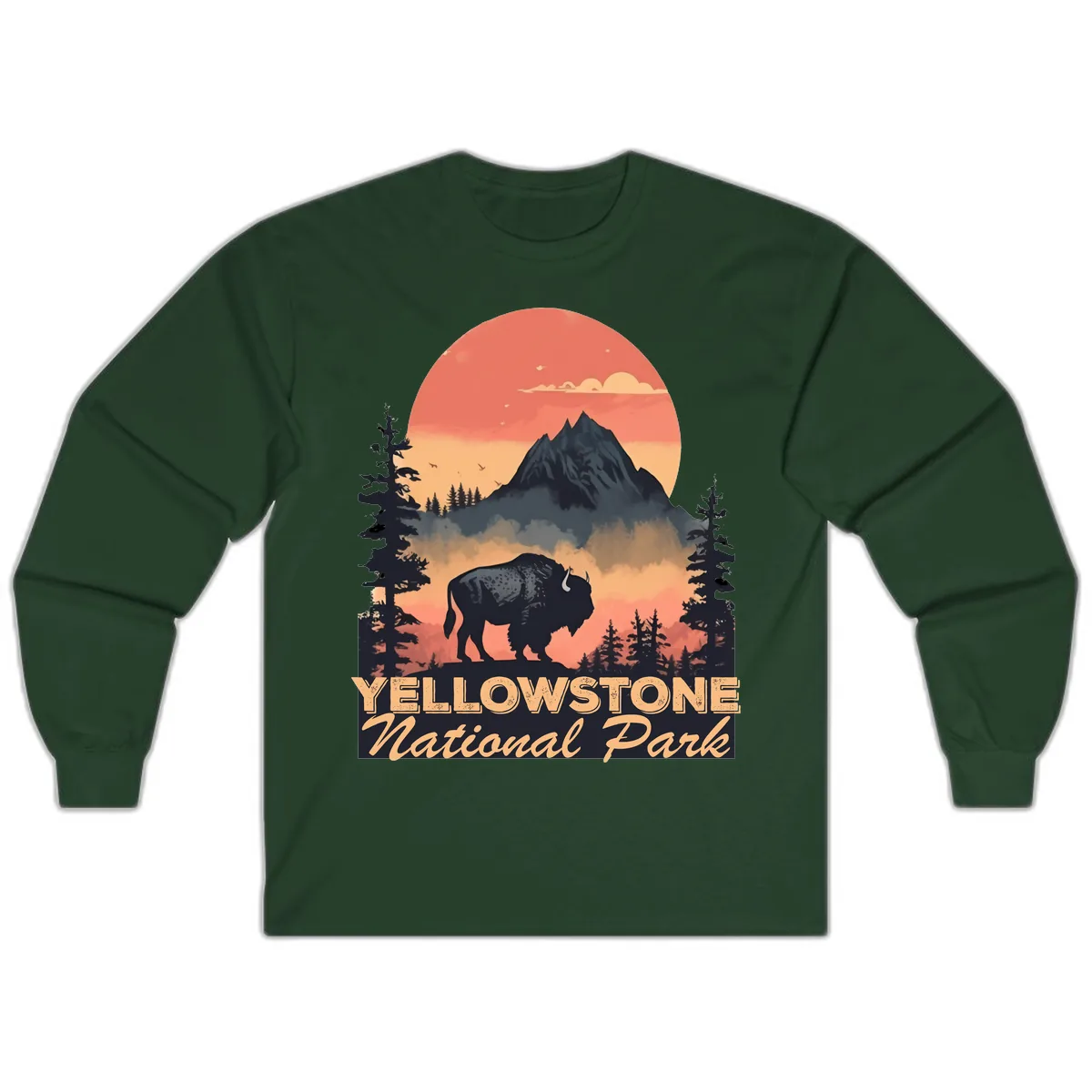 Yellowstone Bison Sunset Mountain Long Sleeve in Forest Green