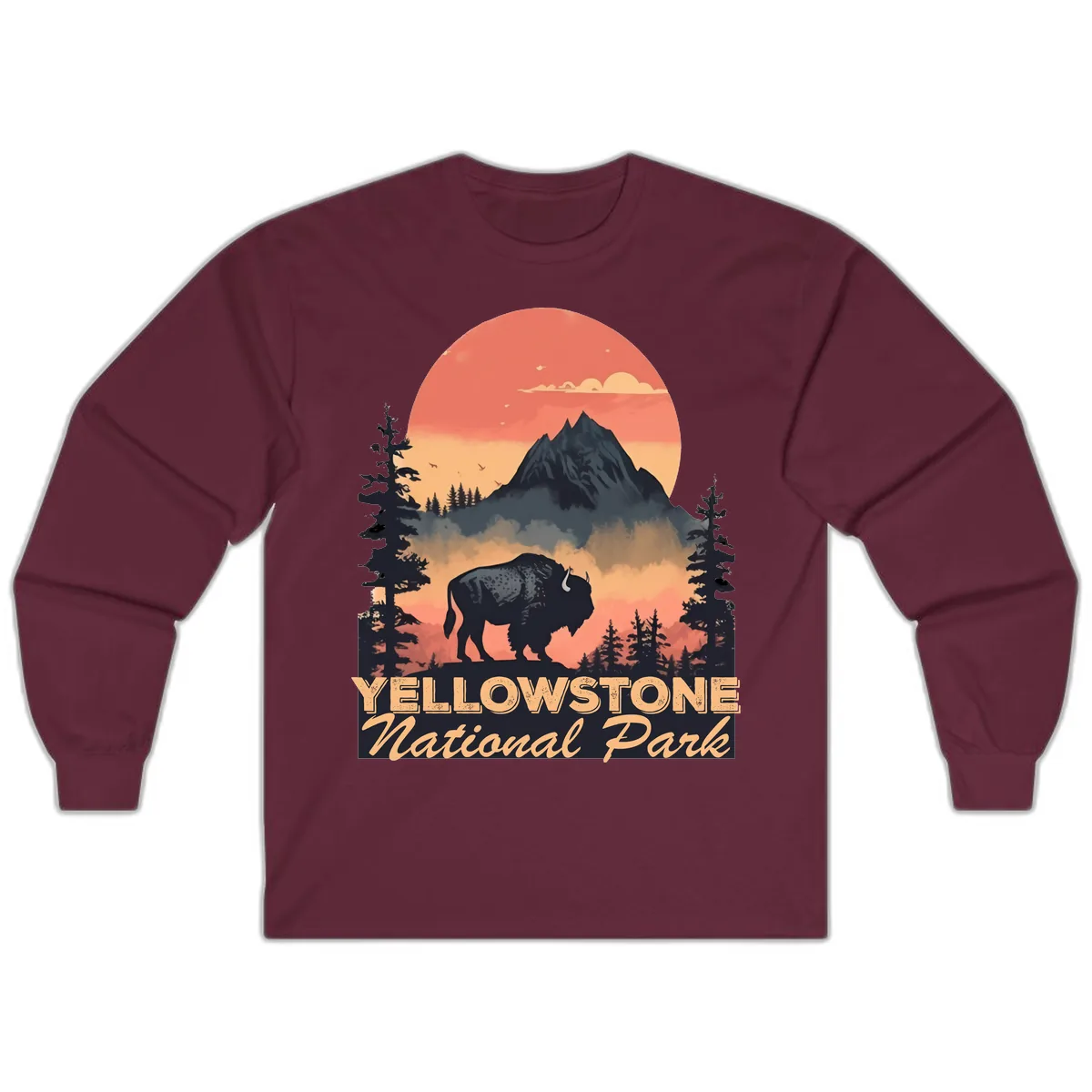 Yellowstone Bison Sunset Mountain Long Sleeve in Maroon