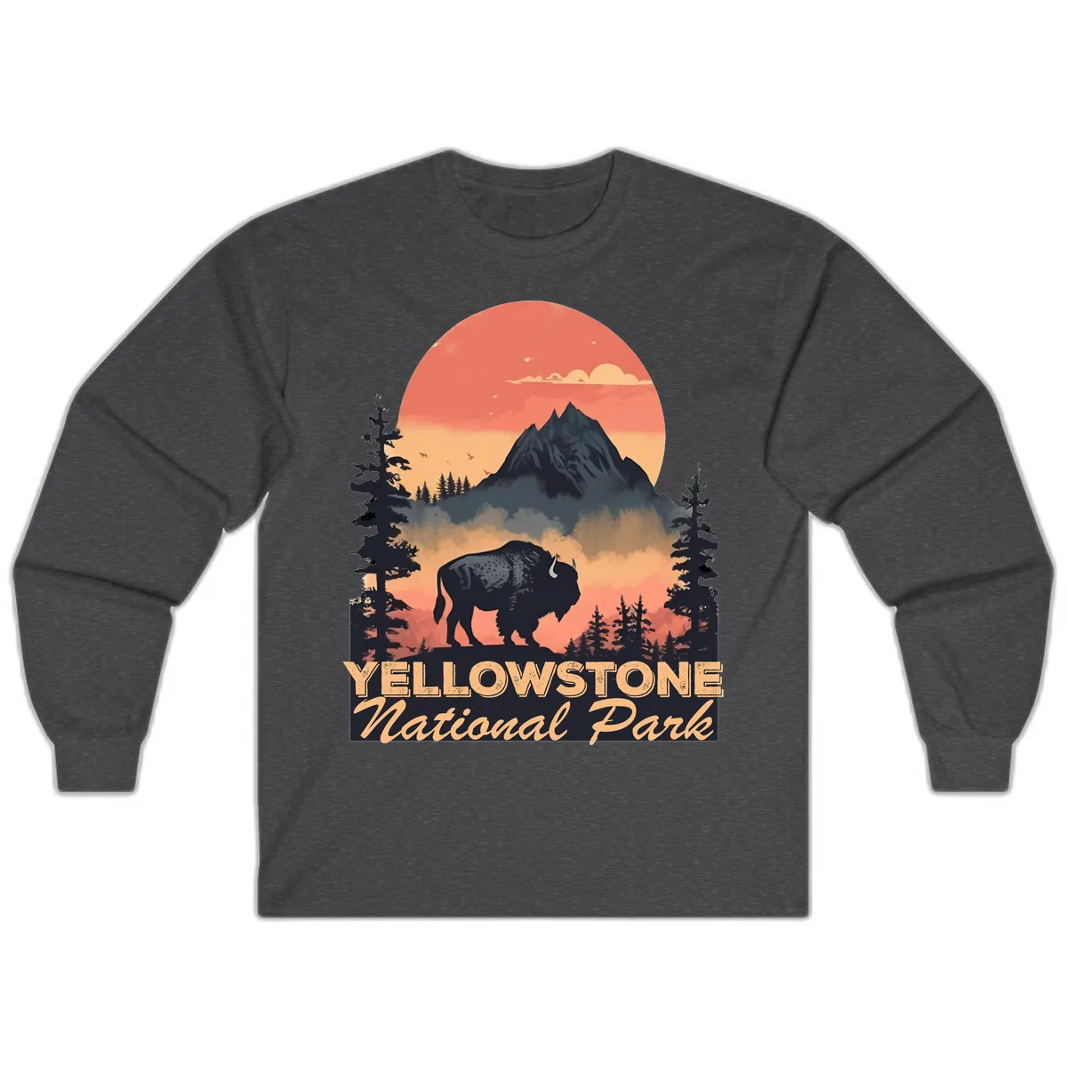 Yellowstone Bison Sunset Mountain Long Sleeve in Dark Heather