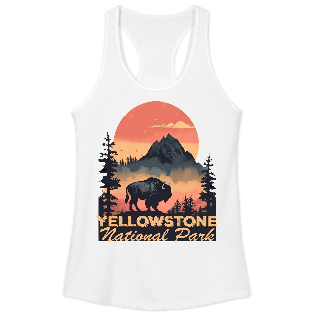 Yellowstone Bison Sunset Mountain Ladies Tank in White
