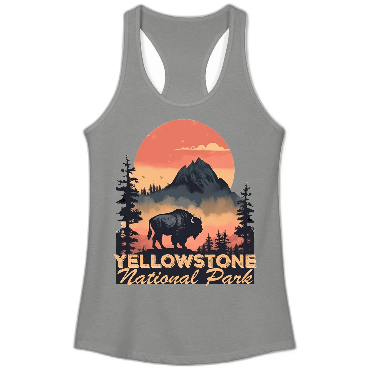 Yellowstone Bison Sunset Mountain Ladies Tank in Heather Grey