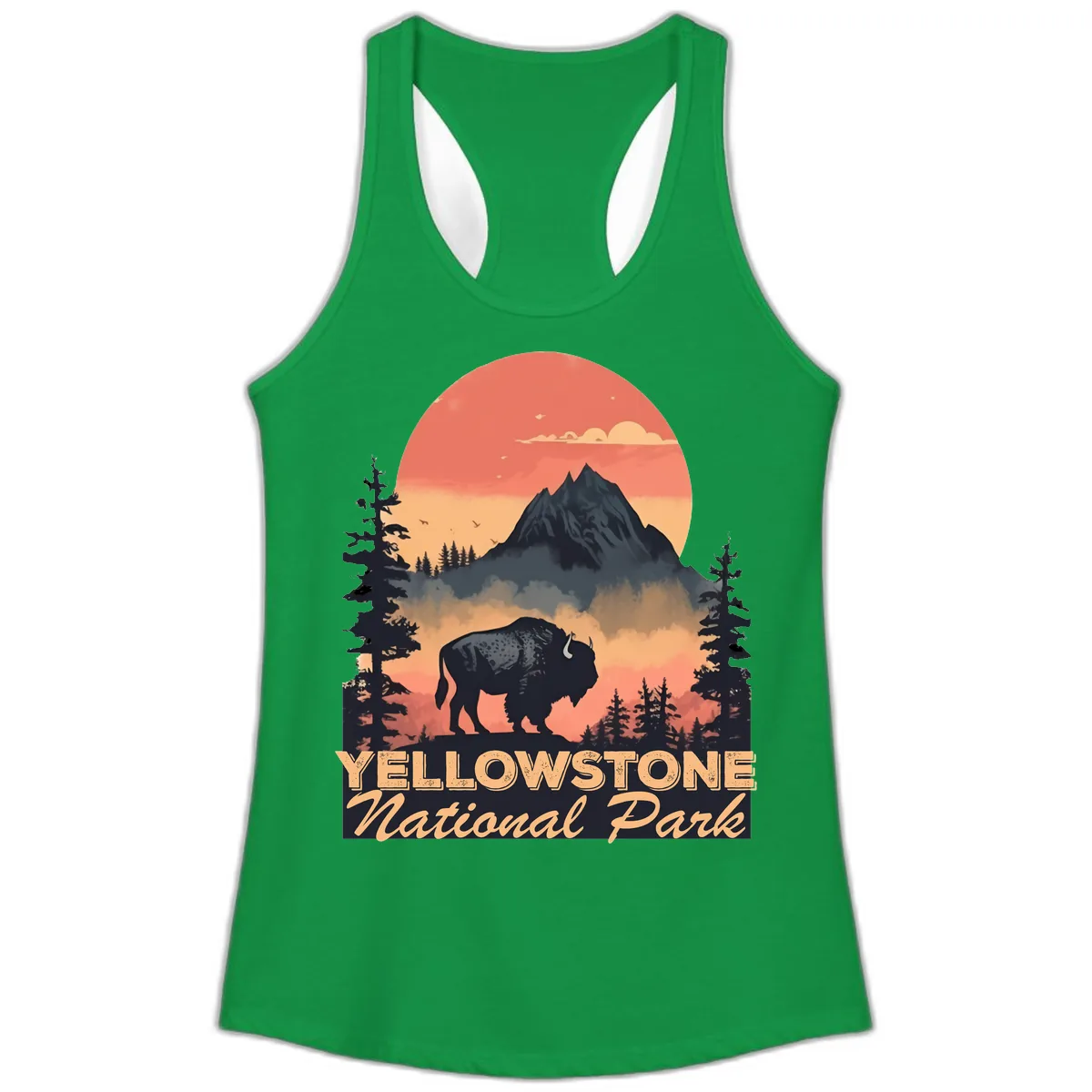 Yellowstone Bison Sunset Mountain Ladies Tank in Solid Kelly Green
