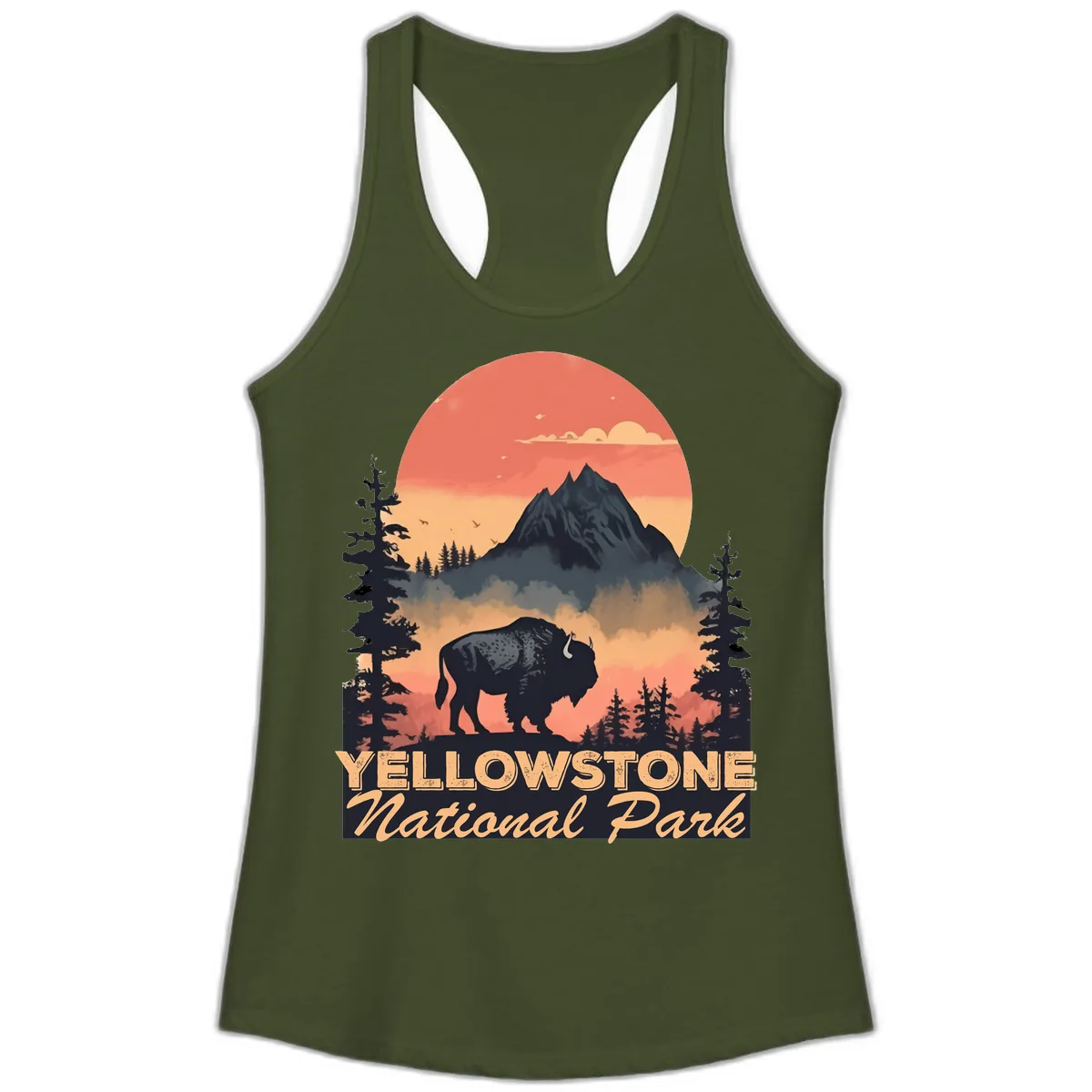 Yellowstone Bison Sunset Mountain Ladies Tank in Solid Military Green