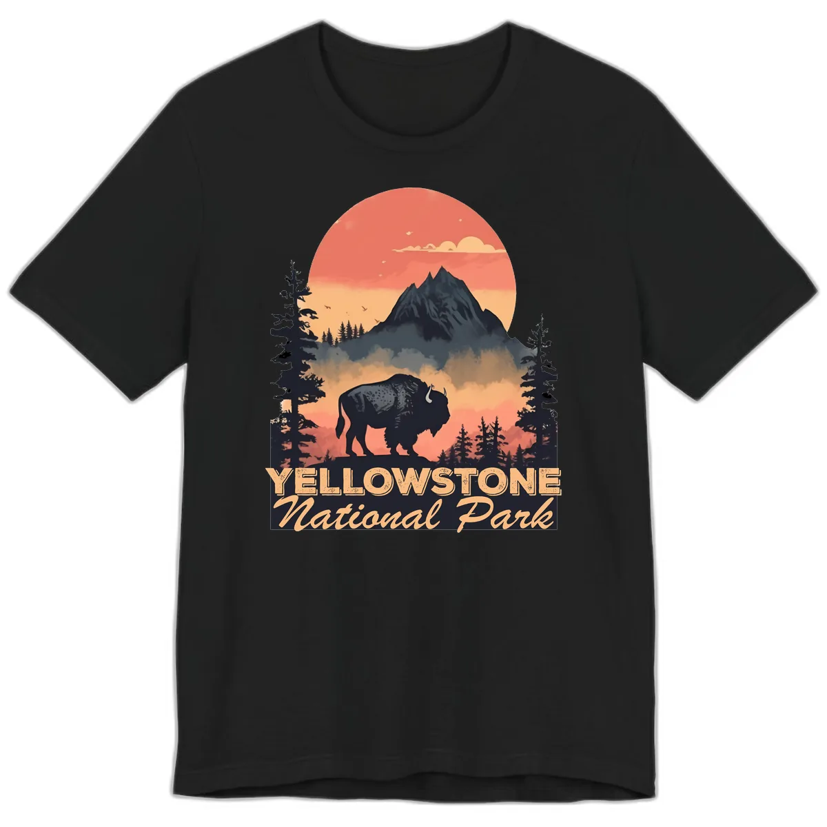 Yellowstone Bison Sunset Mountain Premium T-Shirt in Black