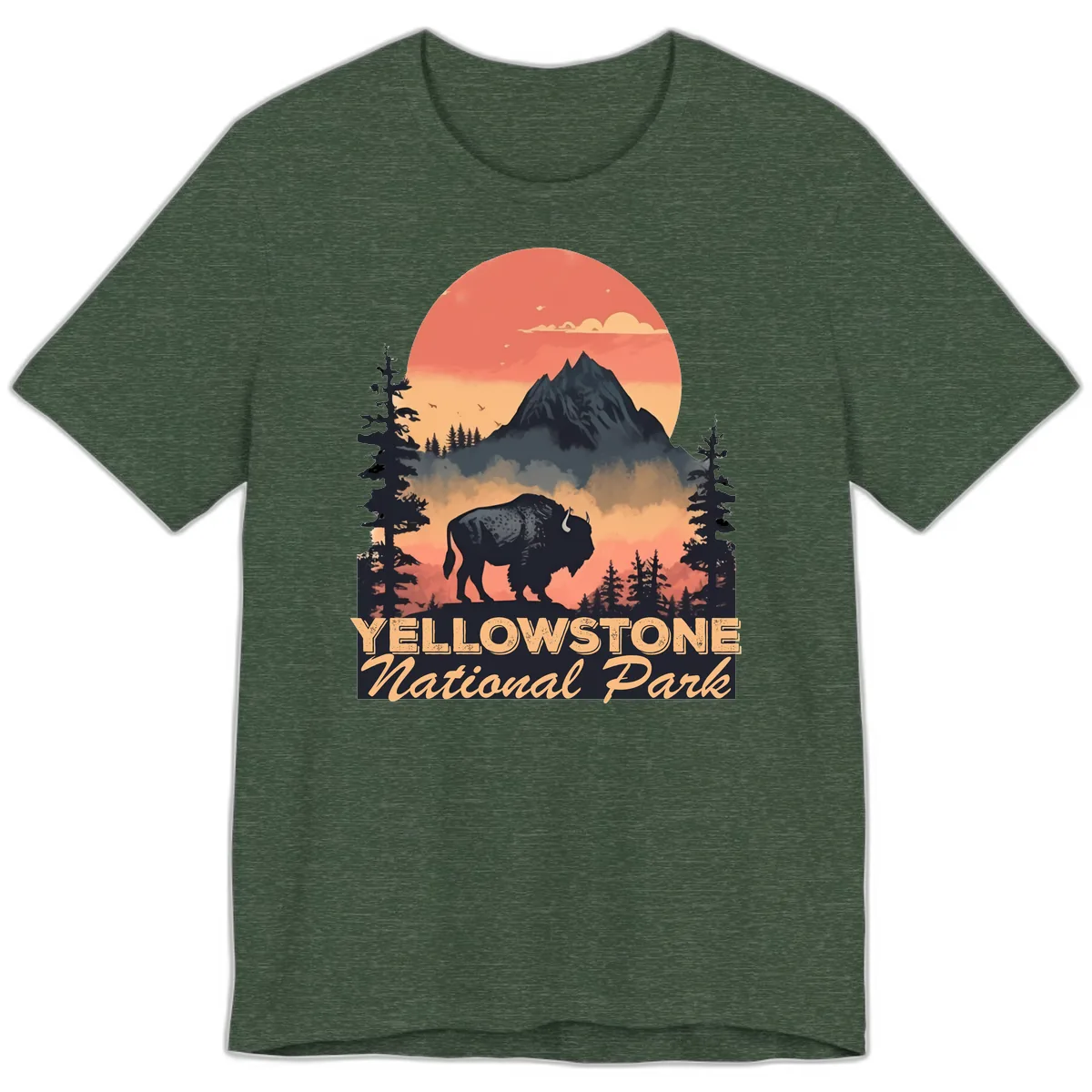 Yellowstone Bison Sunset Mountain Premium T-Shirt in Heather Forest