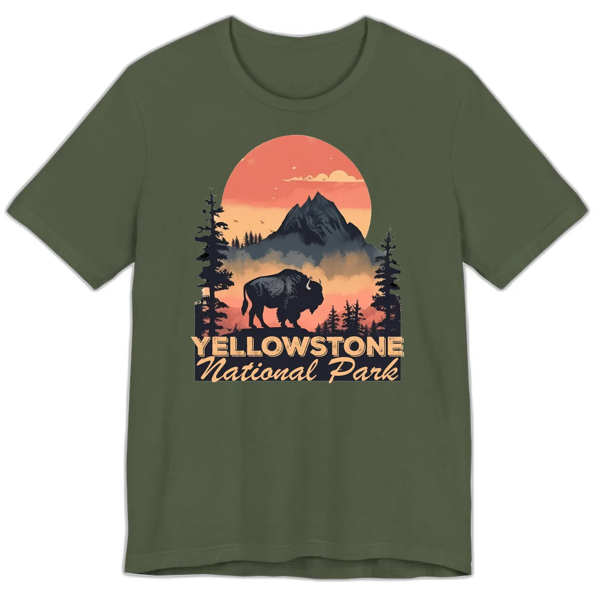 Yellowstone Bison Sunset Mountain Premium T-Shirt in Military Green
