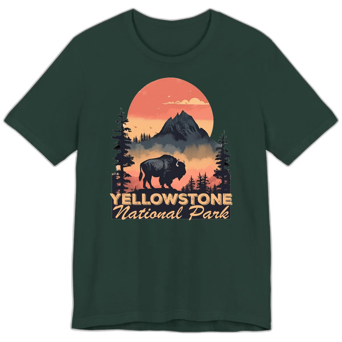 Yellowstone Bison Sunset Mountain Premium T-Shirt in Forest