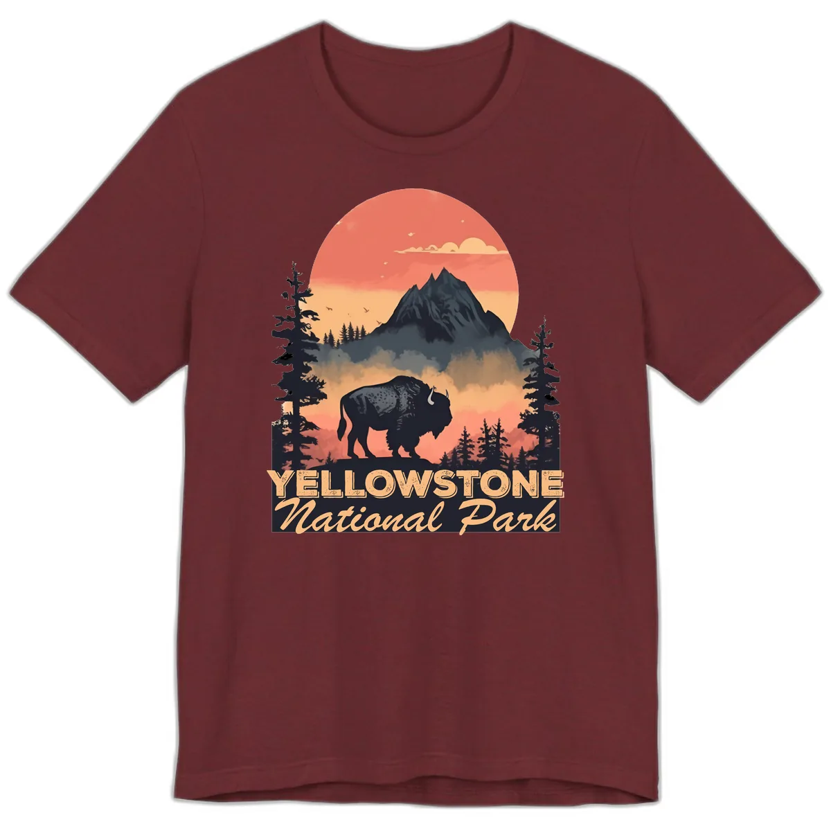 Yellowstone Bison Sunset Mountain Premium T-Shirt in Heather Cardinal