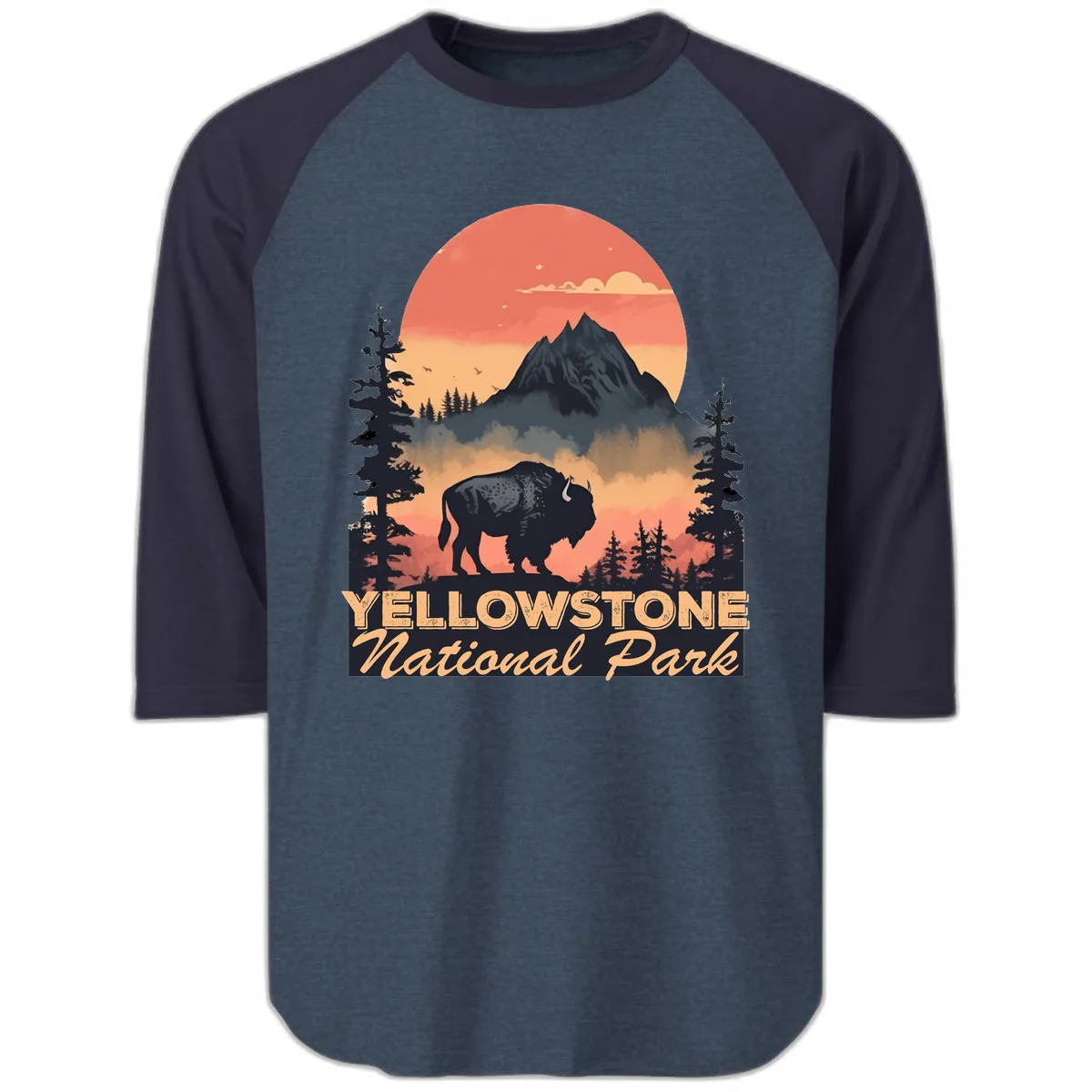 Yellowstone Bison Sunset Mountain Raglan 3/4 in Heather Denim Navy