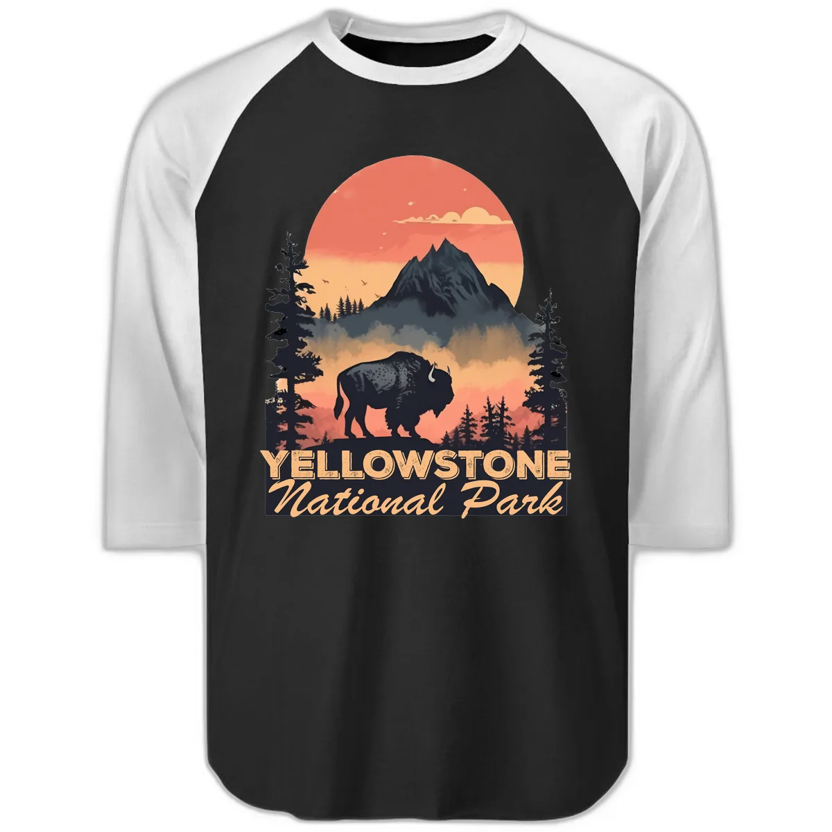 Yellowstone Bison Sunset Mountain Raglan 3/4 in Black White