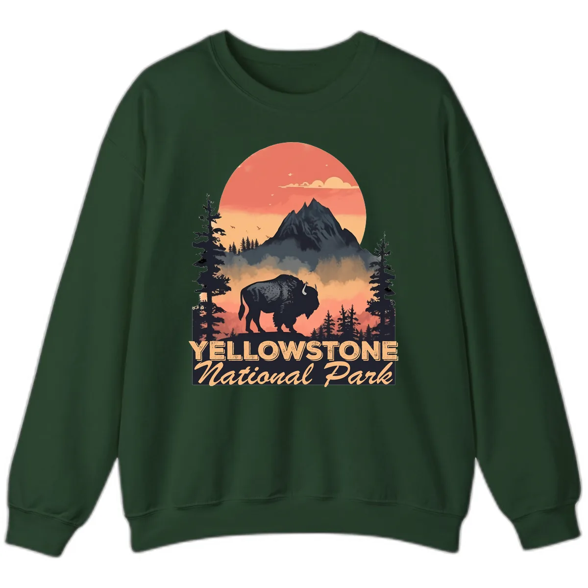 Yellowstone Bison Sunset Mountain Sweatshirt in Forest Green