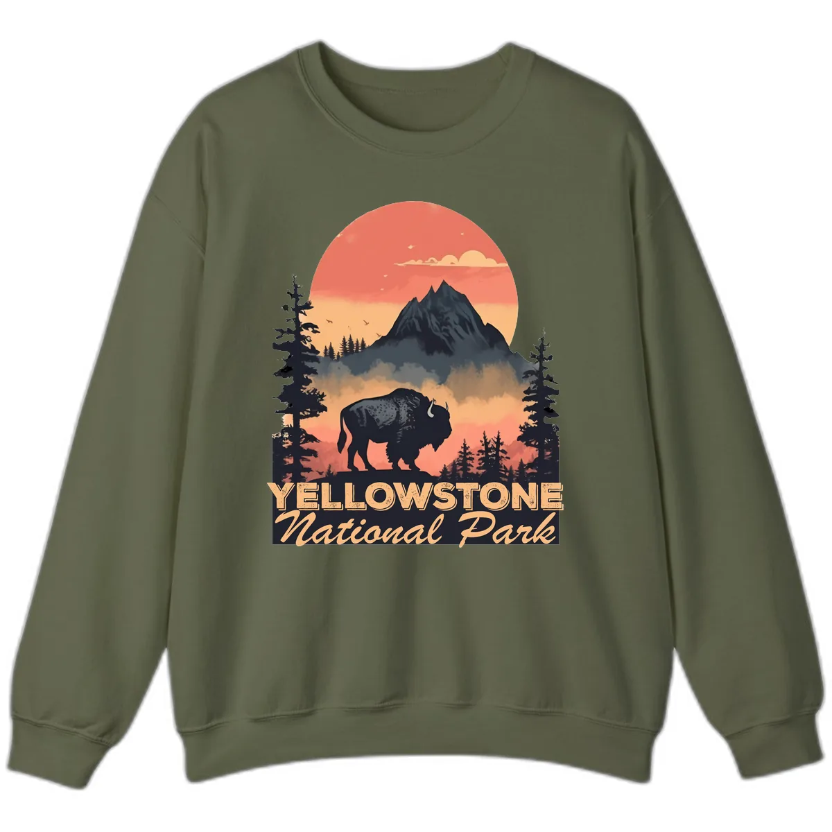 Yellowstone Bison Sunset Mountain Sweatshirt in Military Green