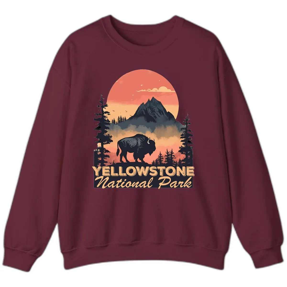 Yellowstone Bison Sunset Mountain Sweatshirt in Maroon
