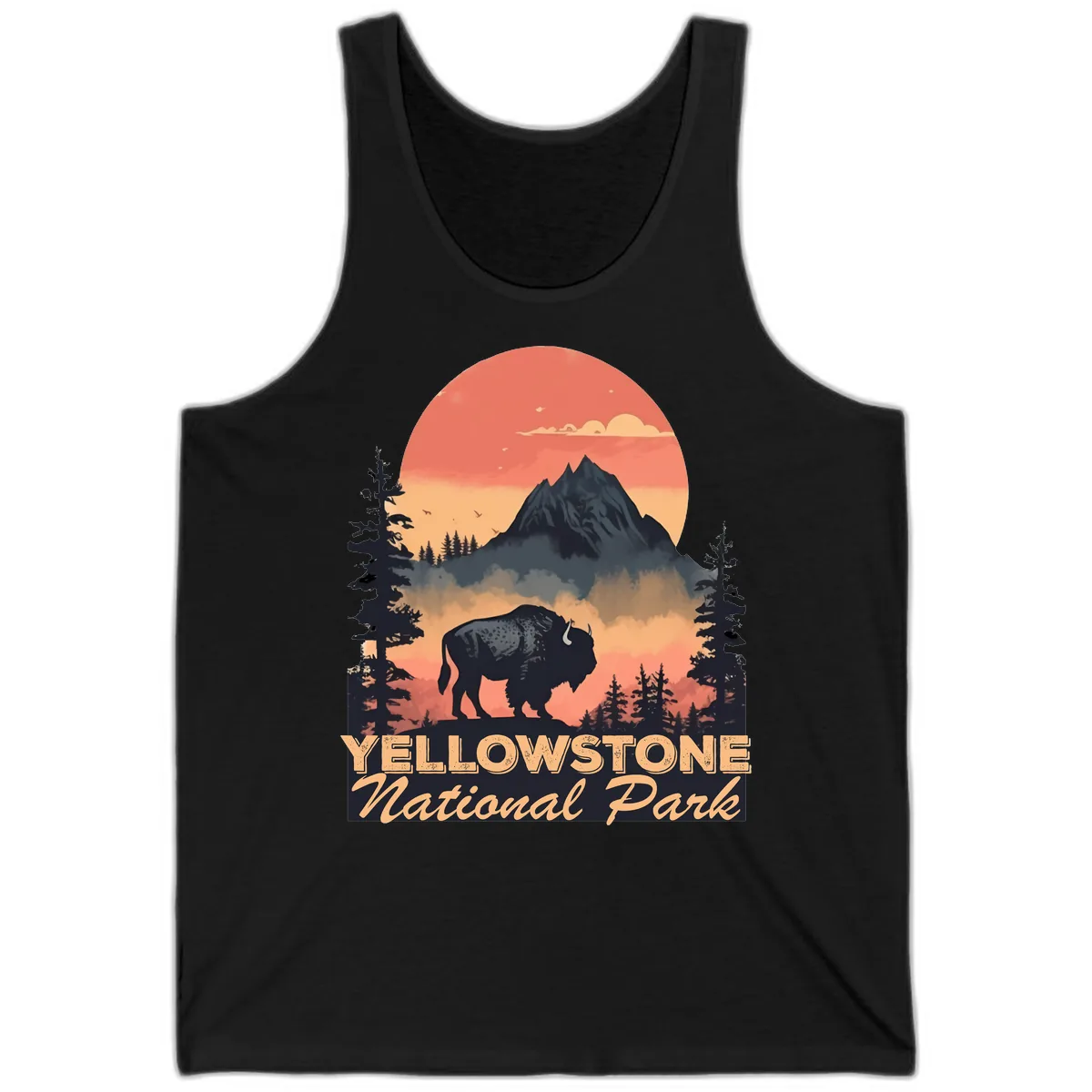 Yellowstone Bison Sunset Mountain Tank in Black